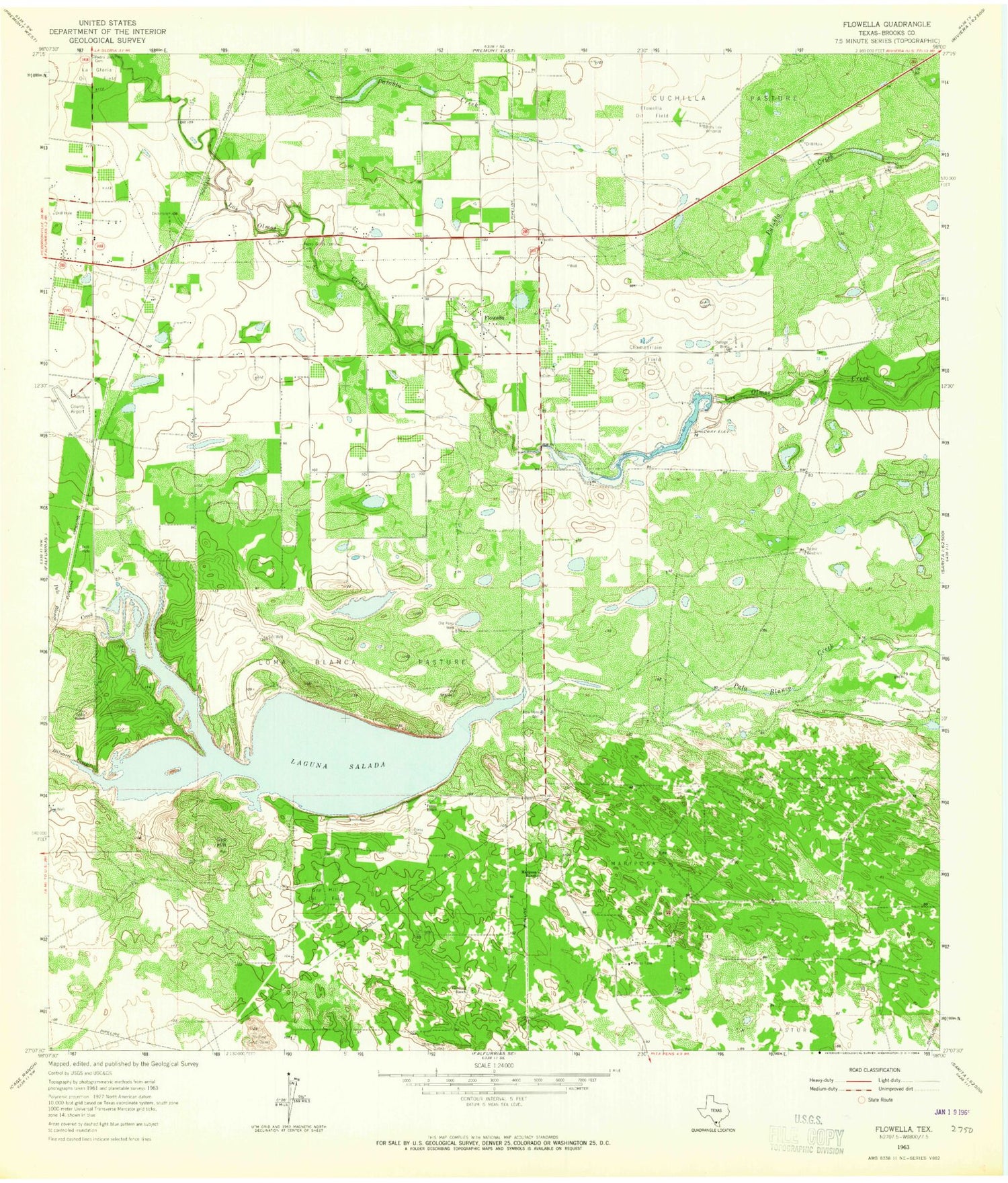 Classic USGS Flowella Texas 7.5'x7.5' Topo Map Image