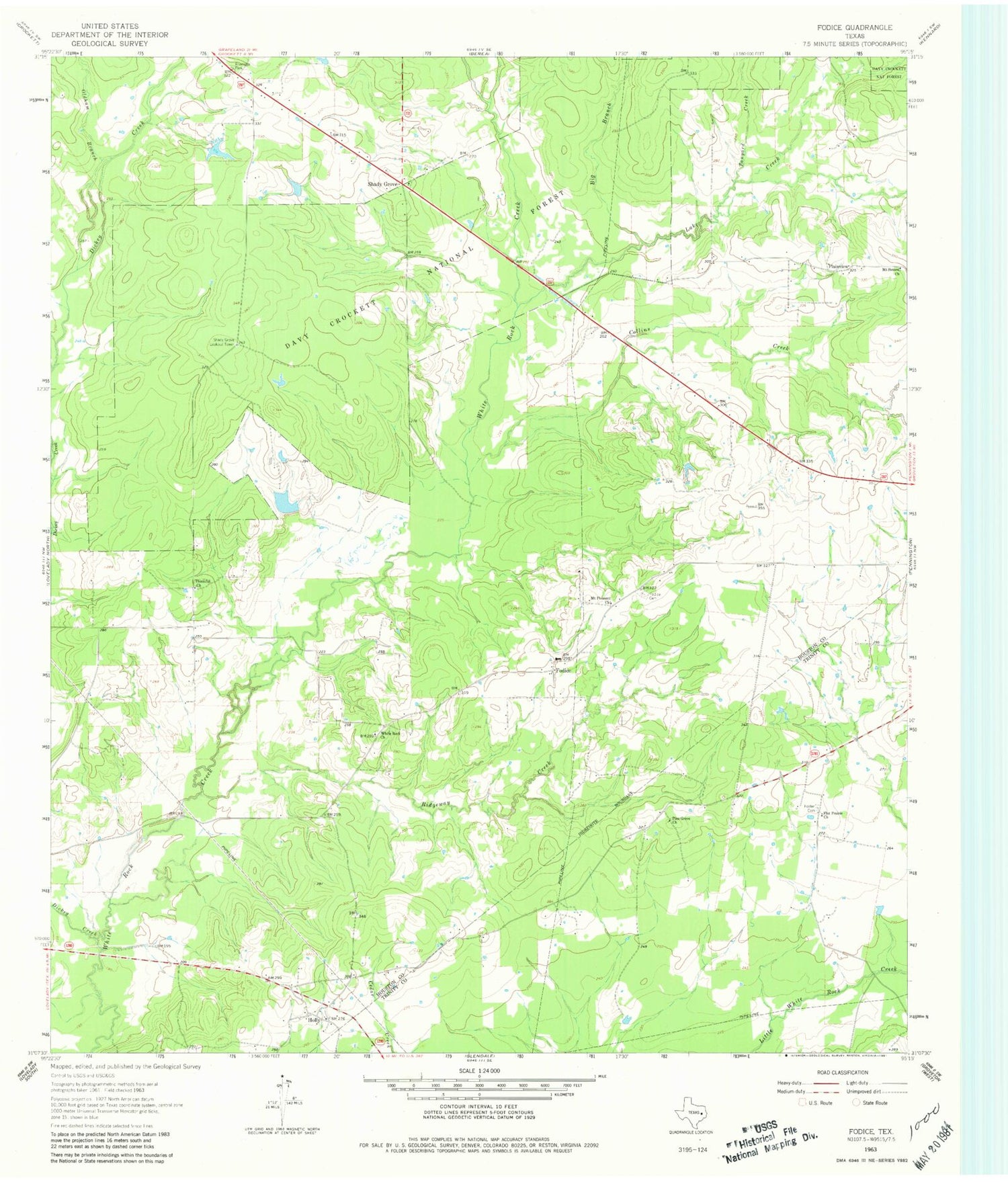 Classic USGS Fodice Texas 7.5'x7.5' Topo Map Image