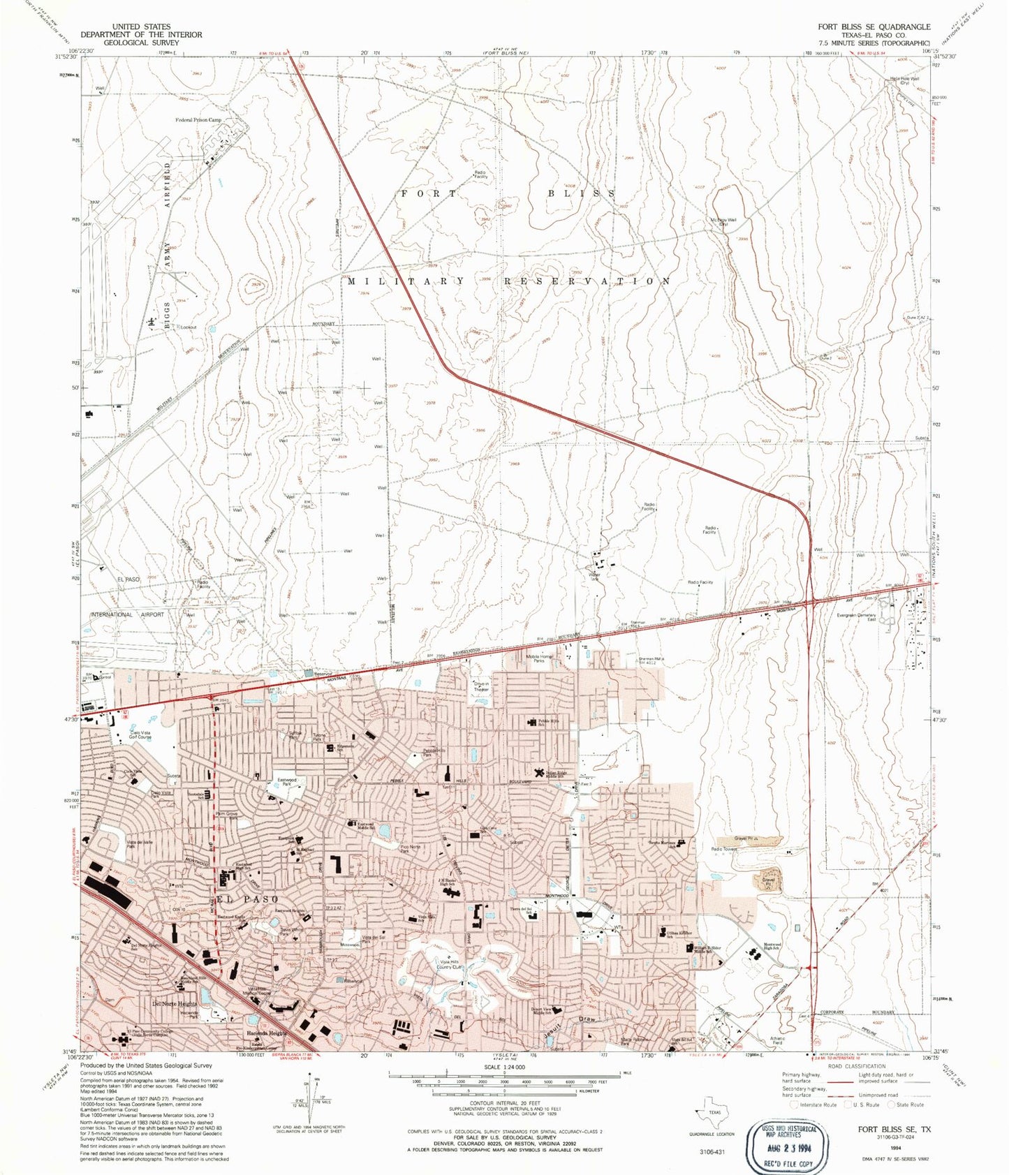 Classic USGS Fort Bliss SE Texas 7.5'x7.5' Topo Map Image