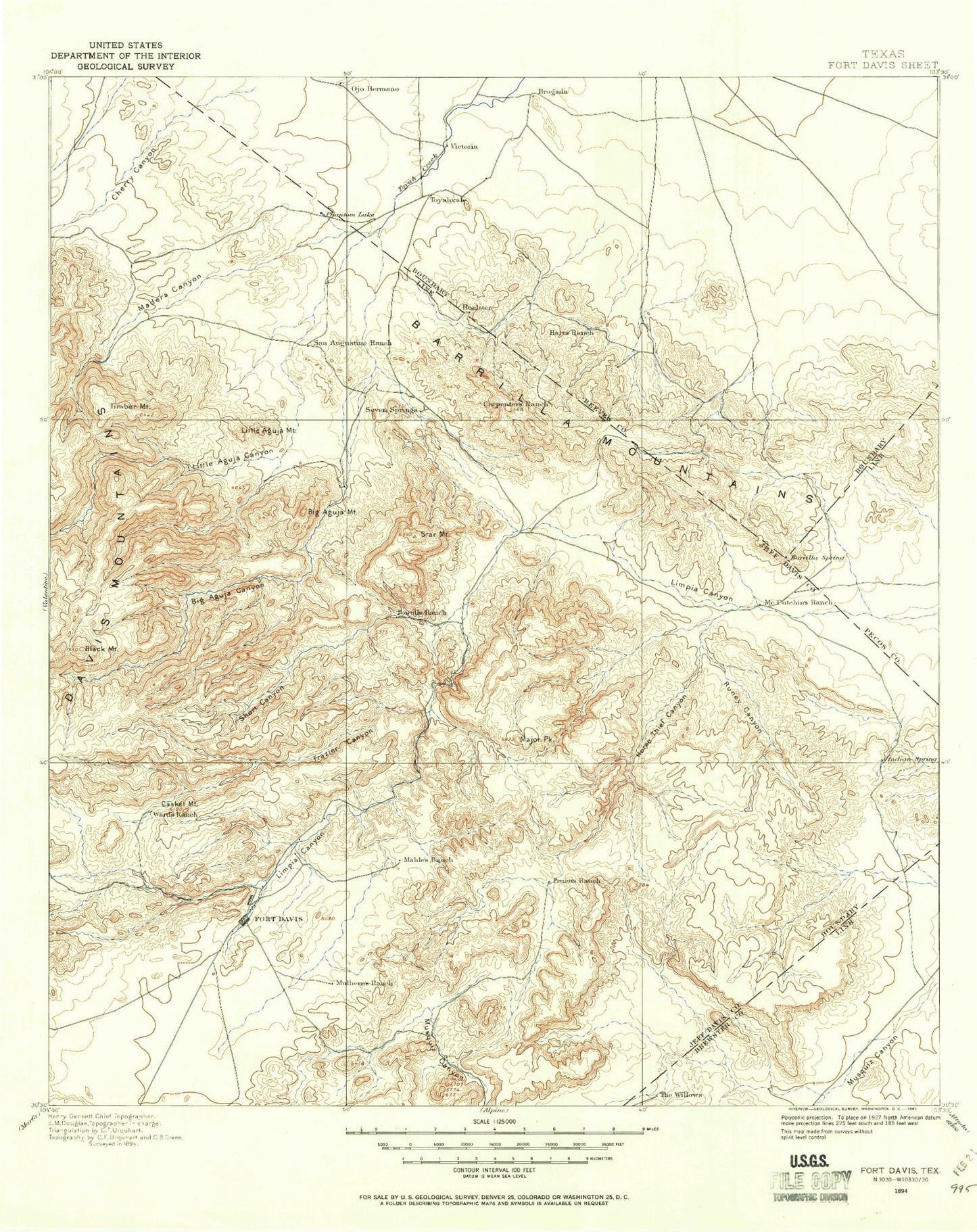 Historic 1894 Fort Davis Texas 30'x30' Topo Map Image