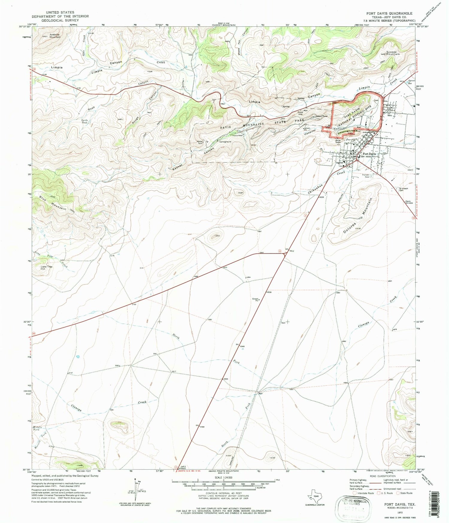 Classic USGS Fort Davis Texas 7.5'x7.5' Topo Map Image