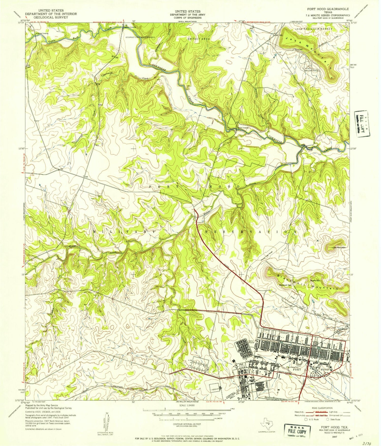Classic USGS Fort Hood Texas 7.5'x7.5' Topo Map Image