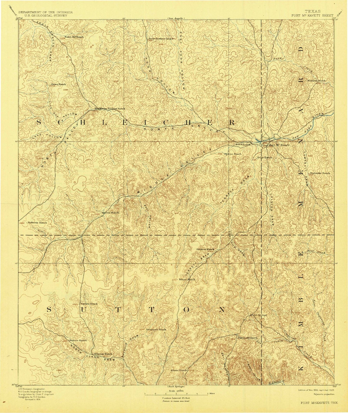 Historic 1893 Fort McKavett Texas 30'x30' Topo Map Image