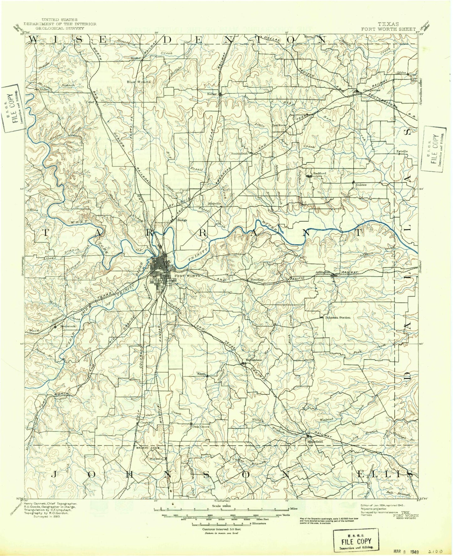Historic 1894 Fort Worth Texas 30'x30' Topo Map Image