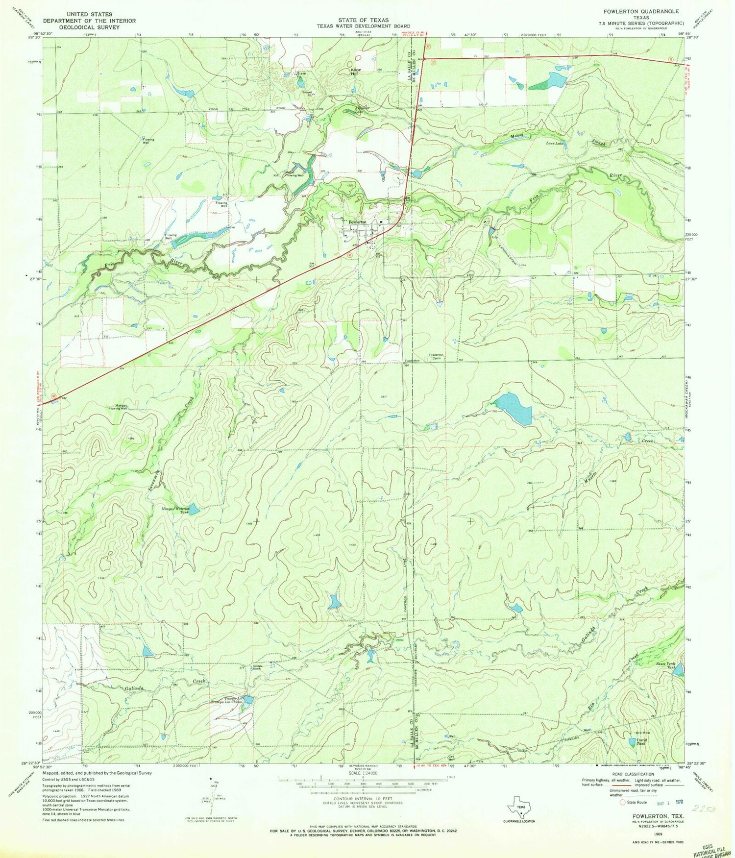Classic USGS Fowlerton Texas 7.5'x7.5' Topo Map Image