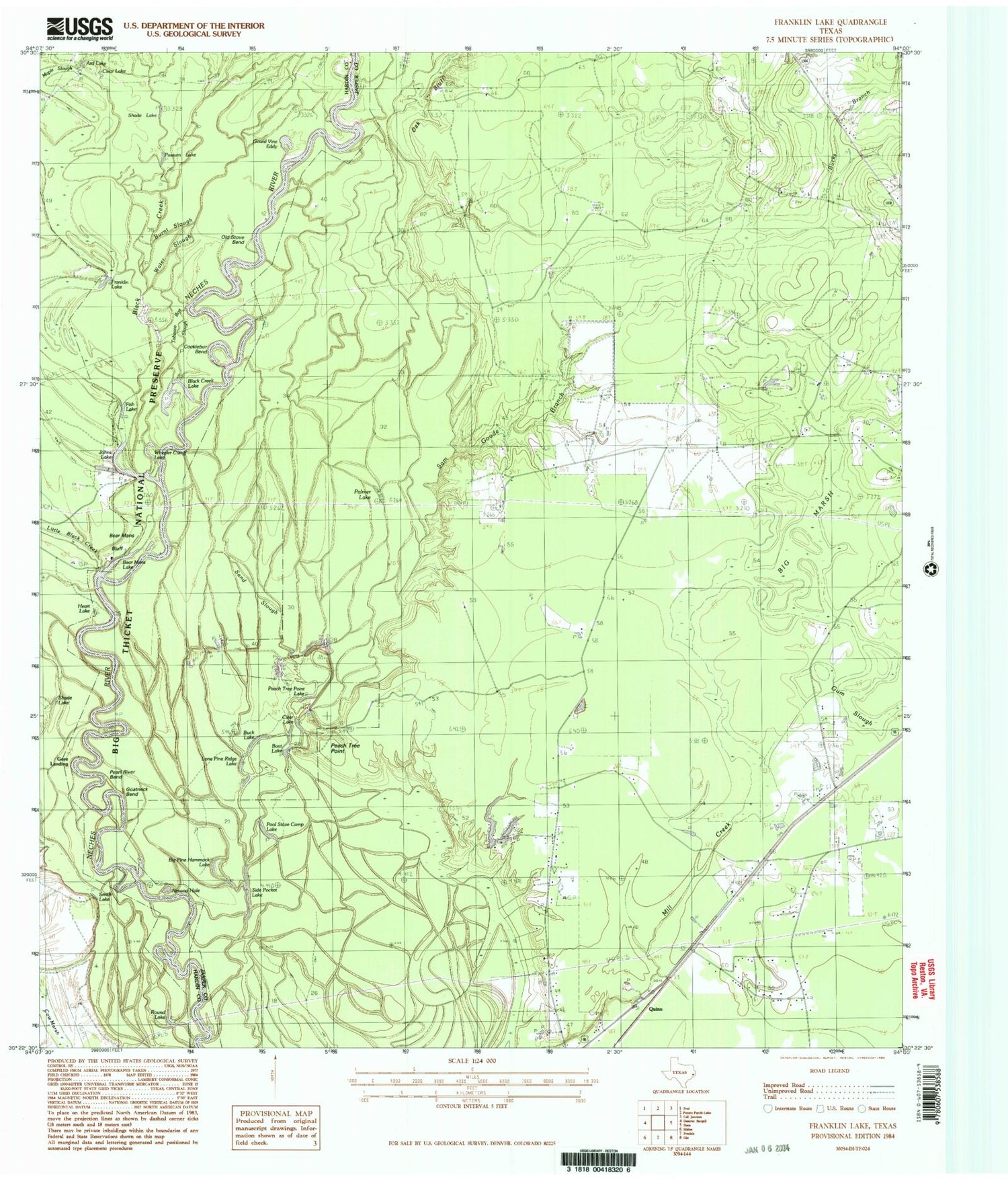 Classic USGS Franklin Lake Texas 7.5'x7.5' Topo Map Image