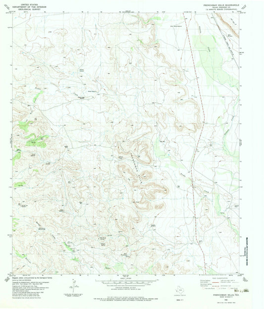 Classic USGS Frenchman Hills Texas 7.5'x7.5' Topo Map Image