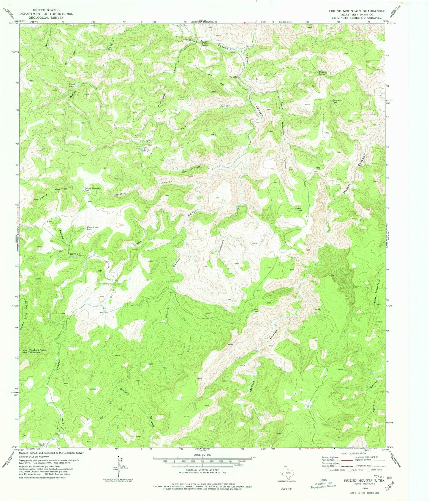 Classic USGS Friend Mountain Texas 7.5'x7.5' Topo Map Image