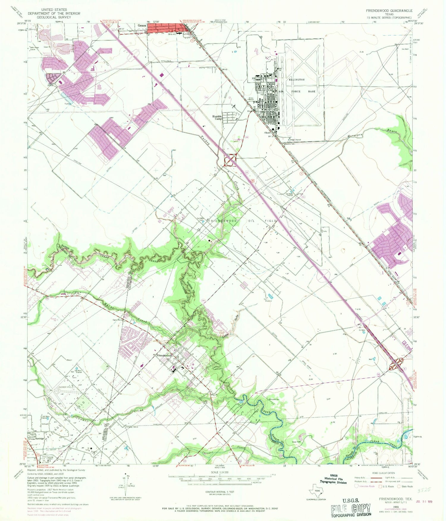 Classic USGS Friendswood Texas 7.5'x7.5' Topo Map Image