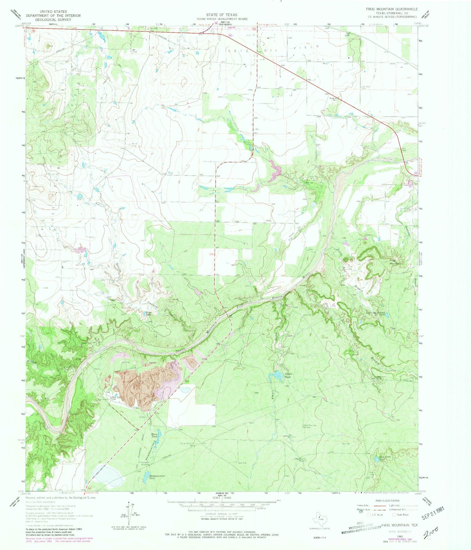 Classic USGS Frog Mountain Texas 7.5'x7.5' Topo Map Image