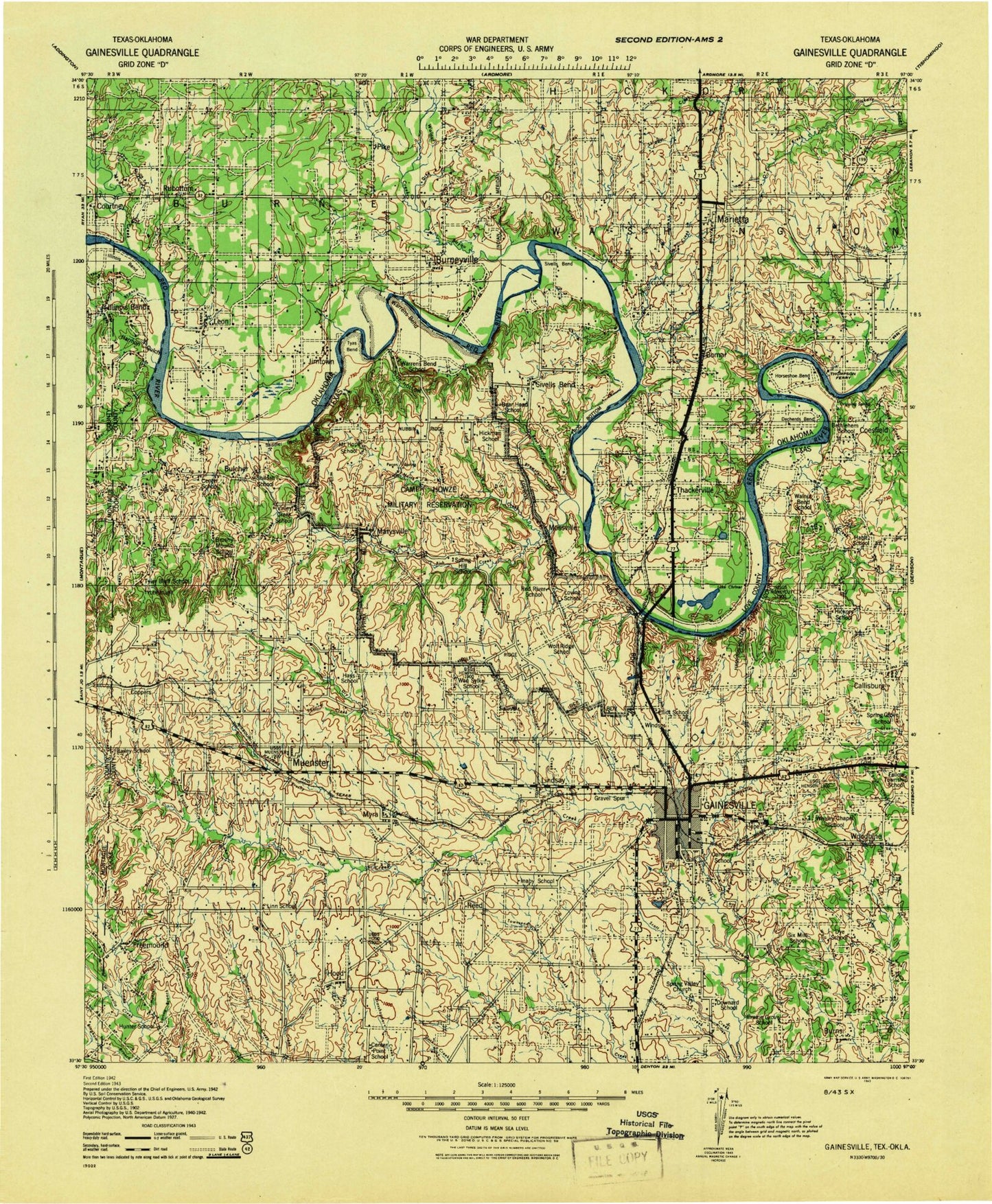 Historic 1943 Gainesville Texas 30'x30' Topo Map Image