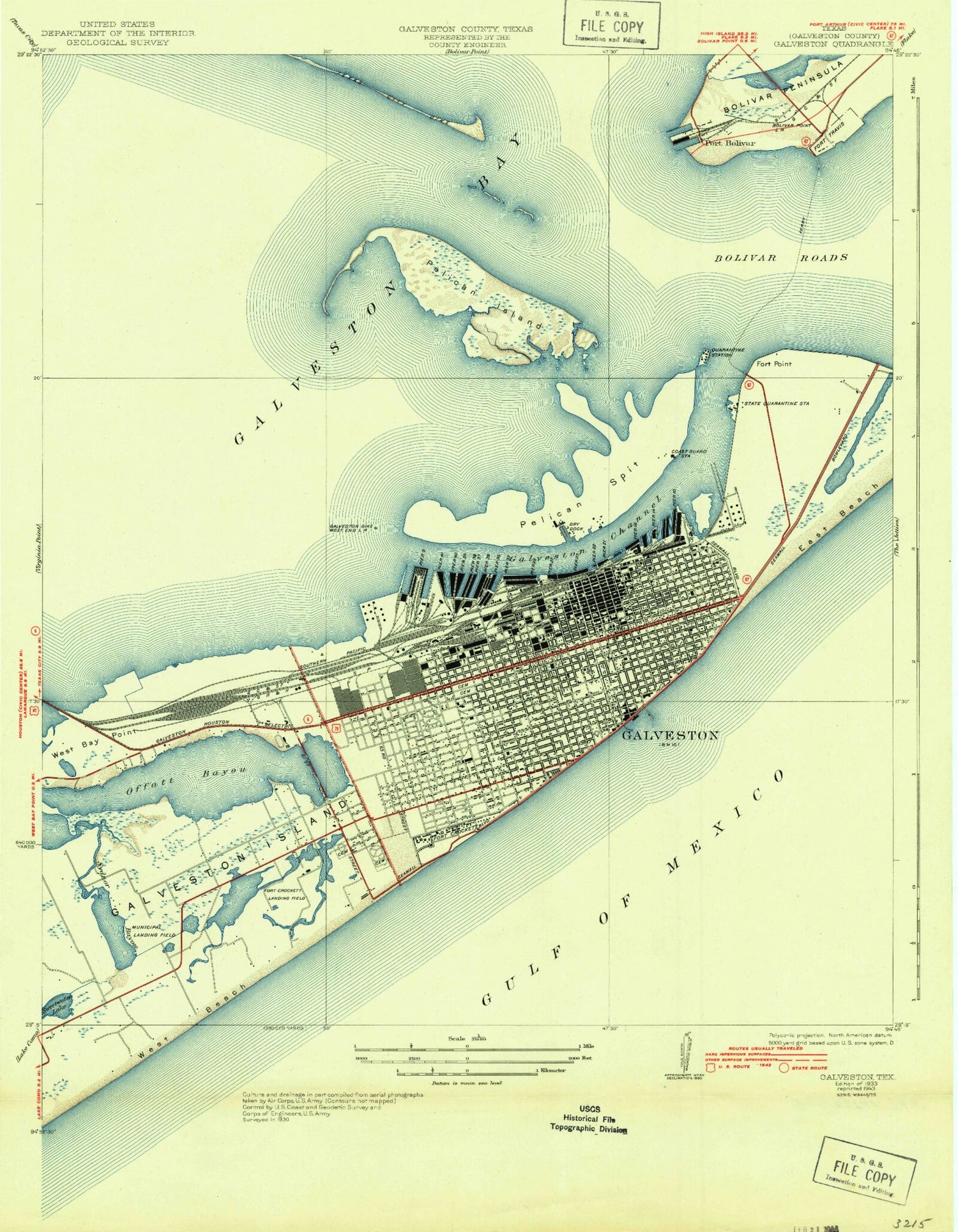 Classic USGS Galveston Texas 7.5'x7.5' Topo Map Image