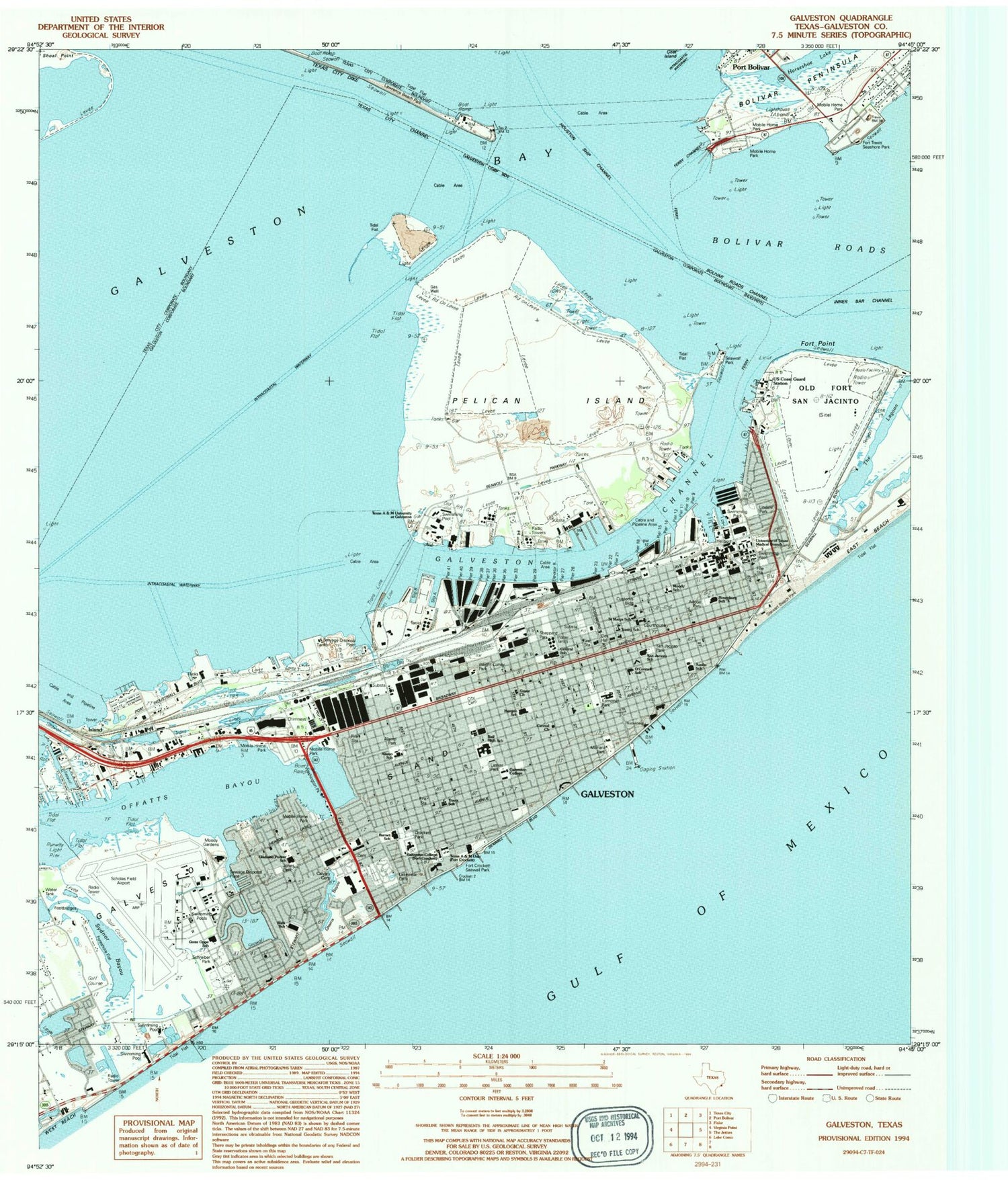 Classic USGS Galveston Texas 7.5'x7.5' Topo Map Image