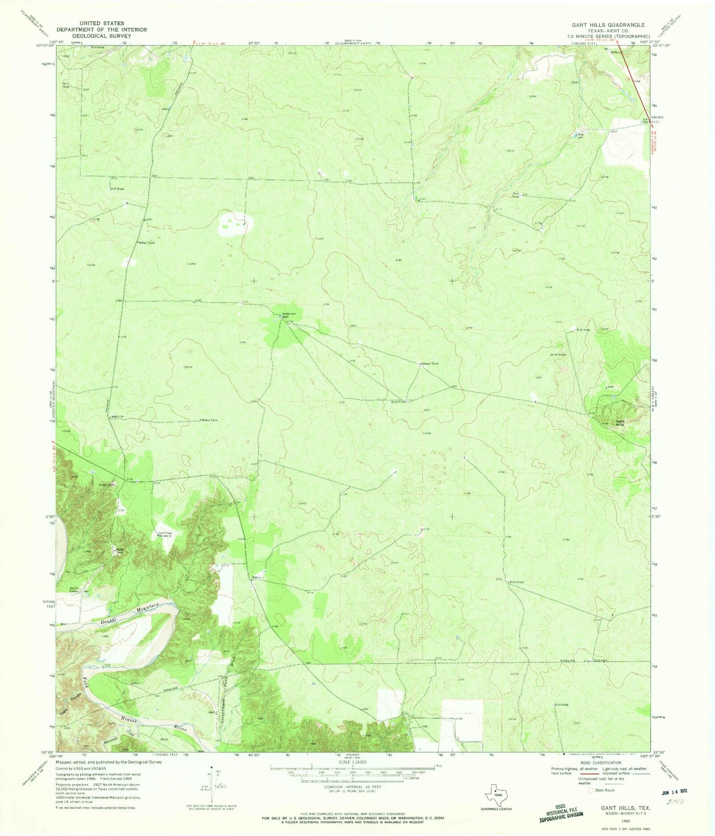 Classic USGS Gant Hills Texas 7.5'x7.5' Topo Map Image