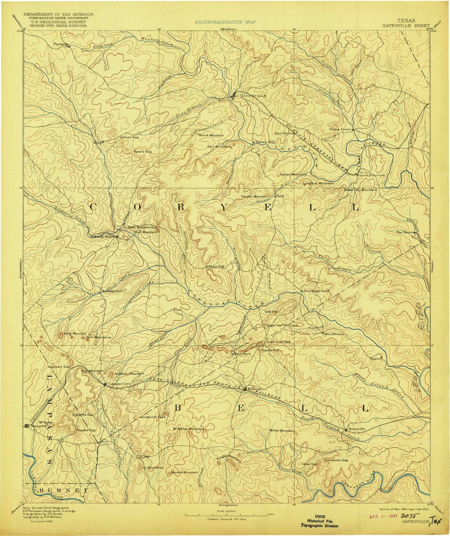 Historic 1894 Gatesville Texas 30'x30' Topo Map Image