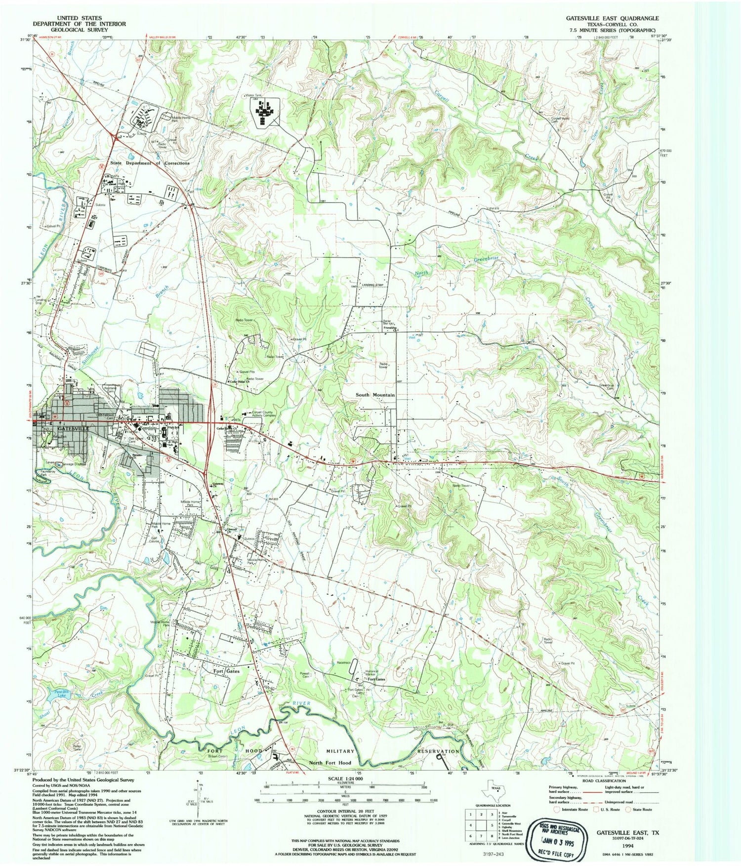 Classic USGS Gatesville East Texas 7.5'x7.5' Topo Map Image