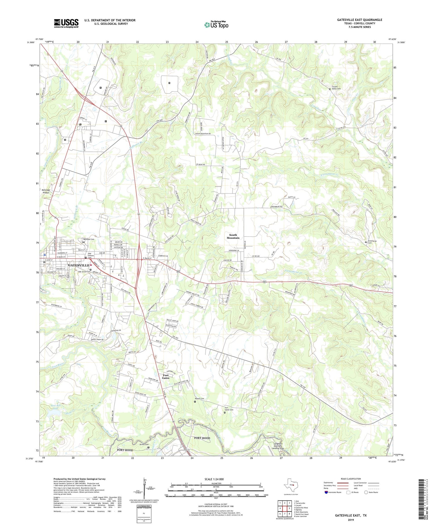 Gatesville East Texas US Topo Map Image