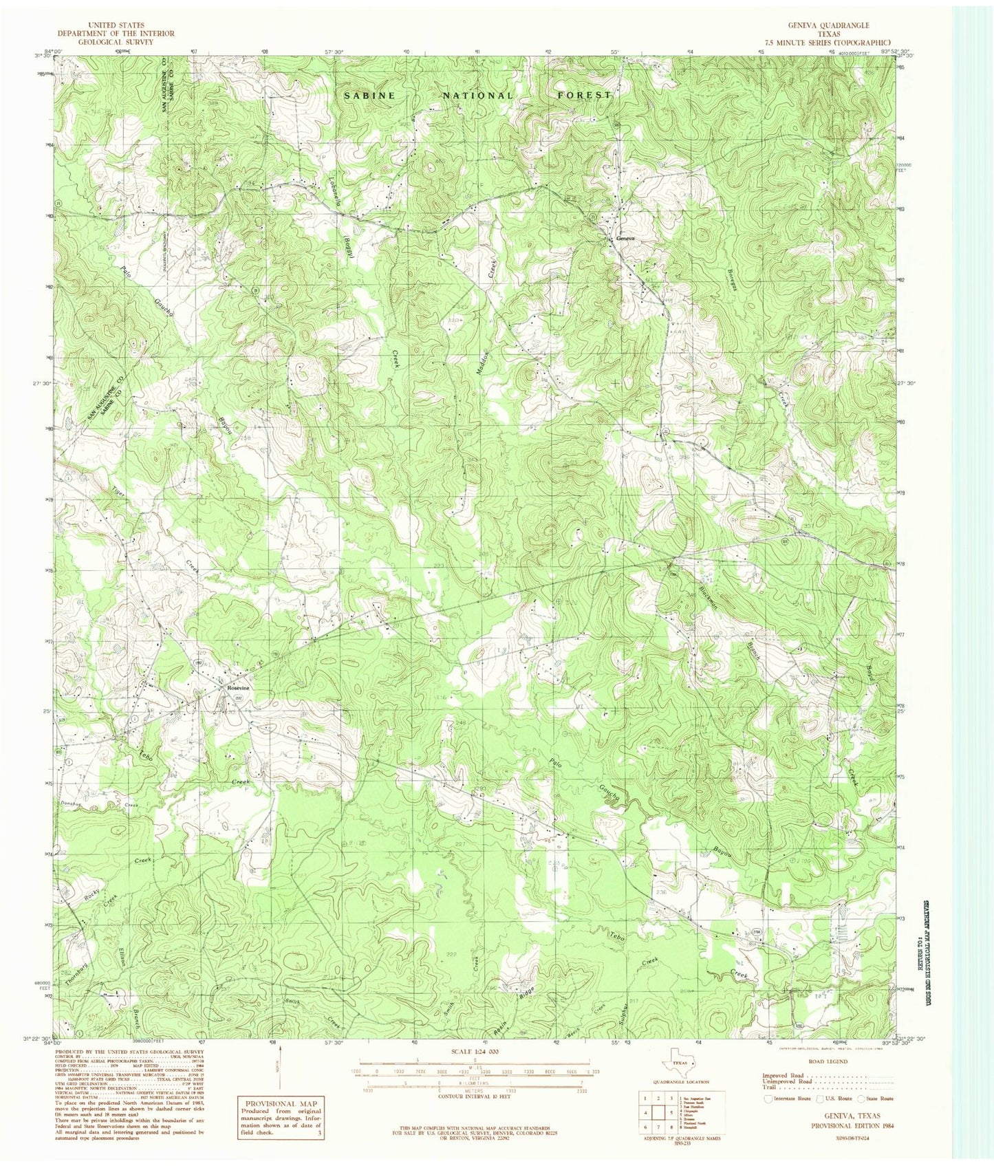 Classic USGS Geneva Texas 7.5'x7.5' Topo Map Image