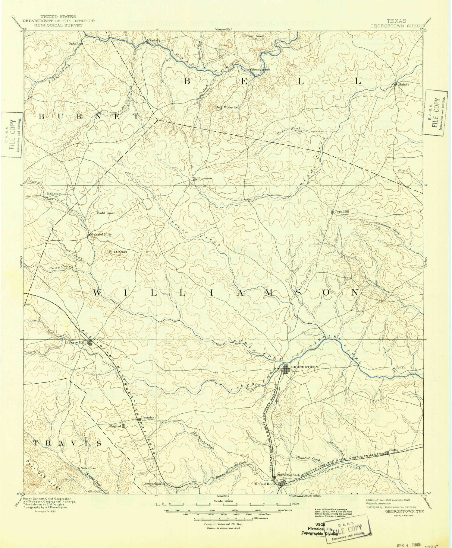 Historic 1893 Georgetown Texas 30'x30' Topo Map Image