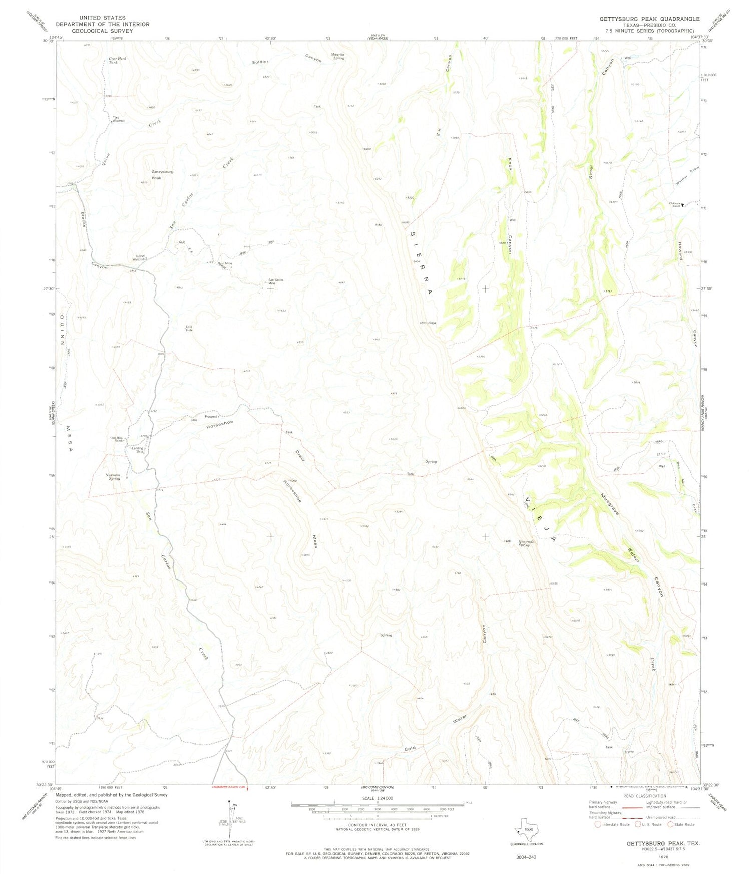 Classic USGS Gettysburg Peak Texas 7.5'x7.5' Topo Map Image