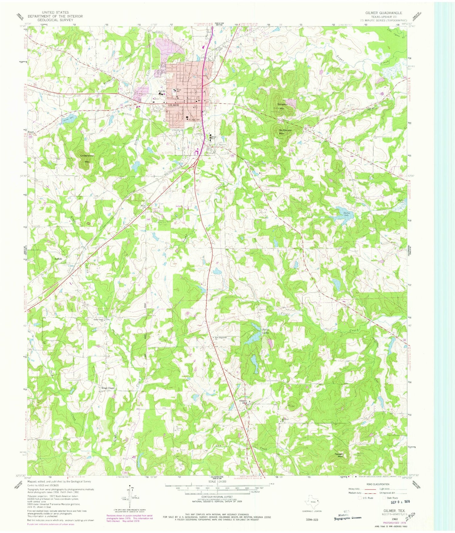 Classic USGS Gilmer Texas 7.5'x7.5' Topo Map Image
