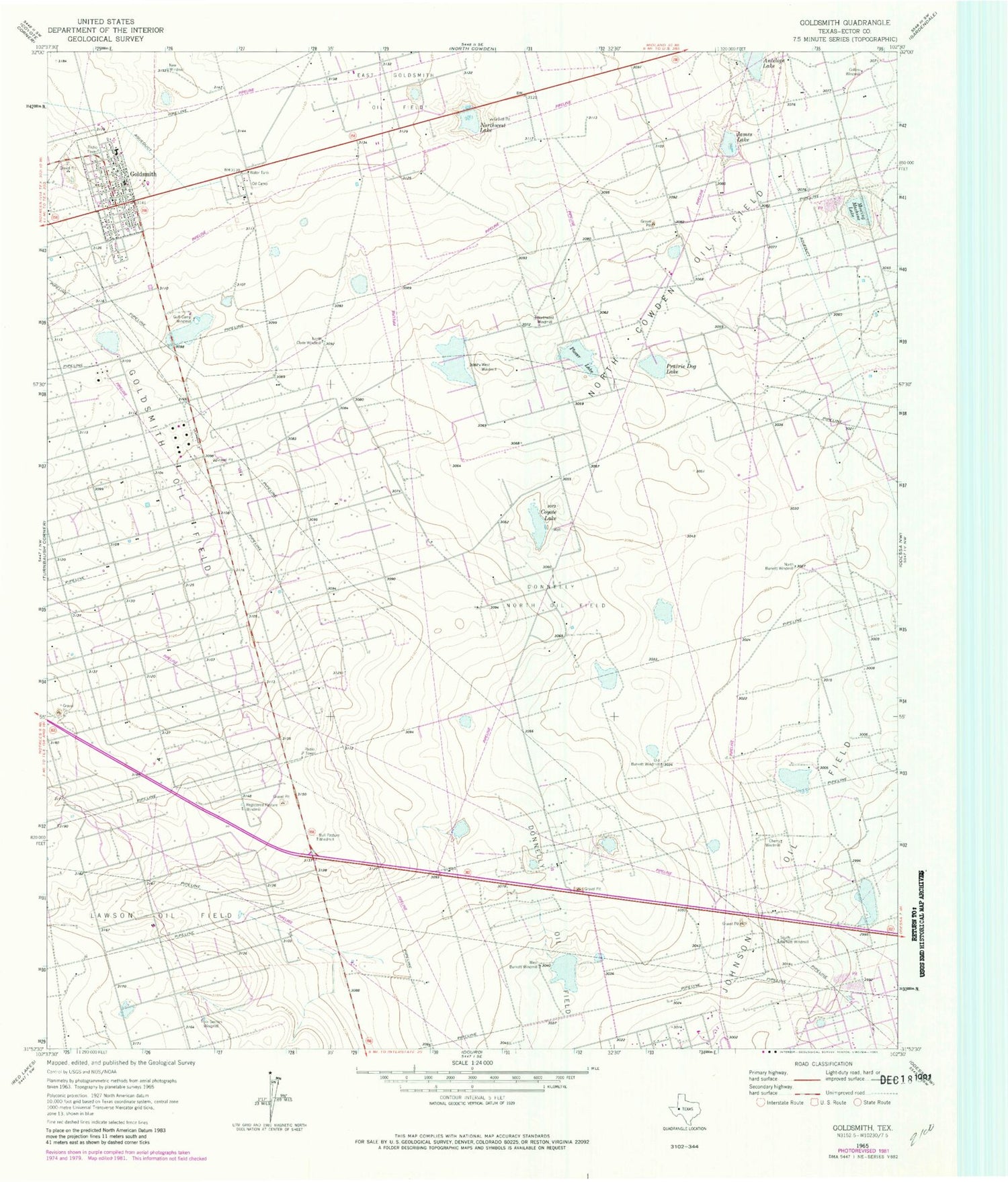 Classic USGS Goldsmith Texas 7.5'x7.5' Topo Map Image