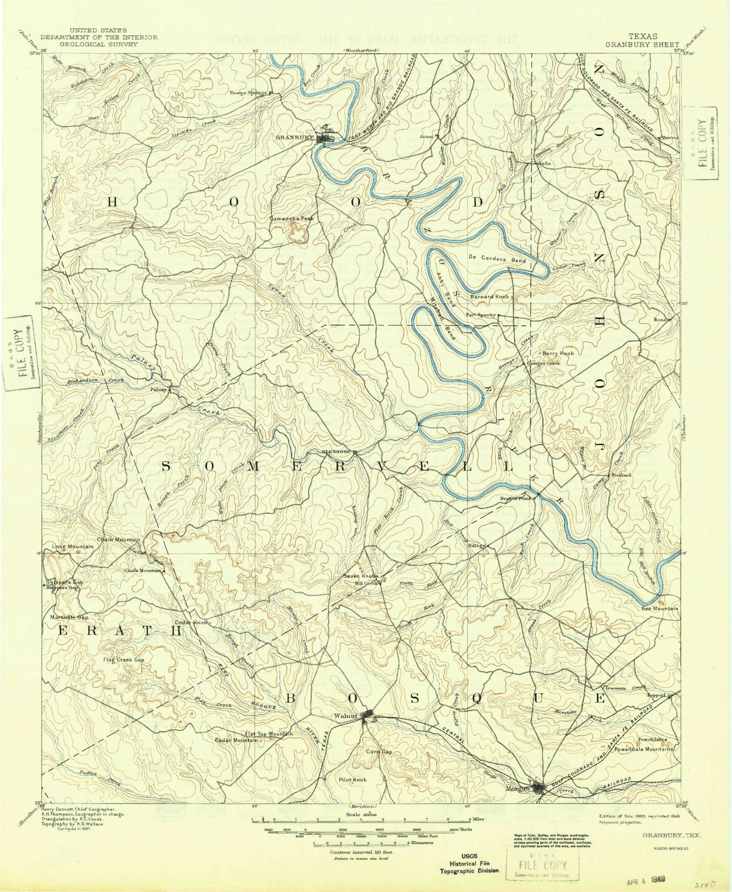 Historic 1889 Granbury Texas 30'x30' Topo Map Image