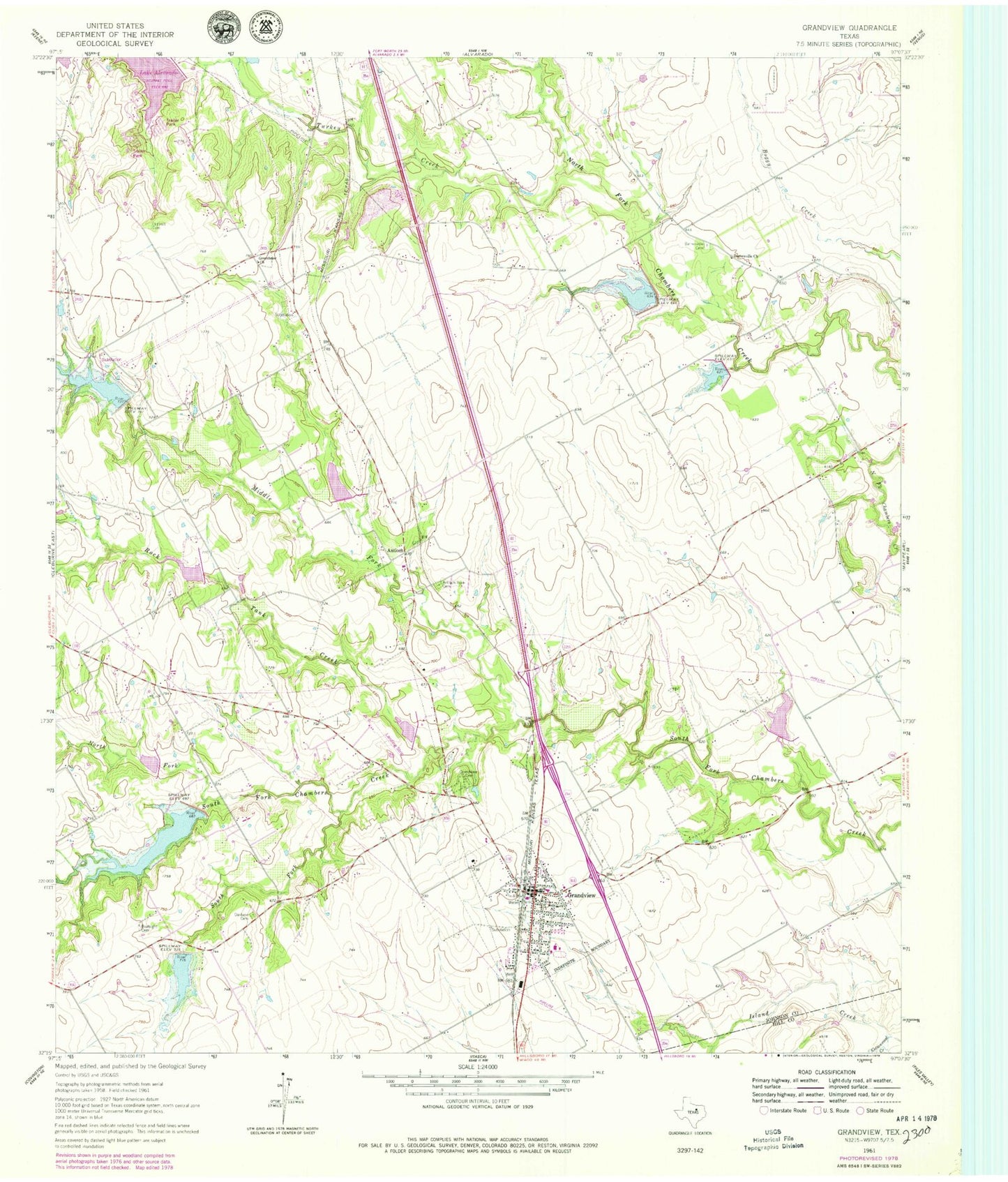 Classic USGS Grandview Texas 7.5'x7.5' Topo Map Image