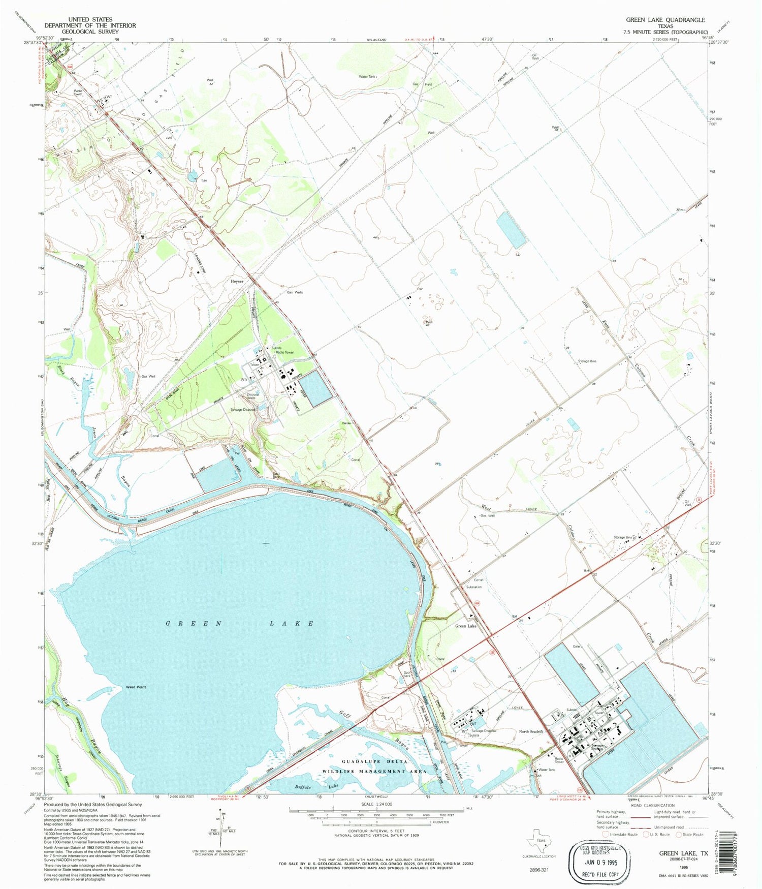 Classic USGS Green Lake Texas 7.5'x7.5' Topo Map Image