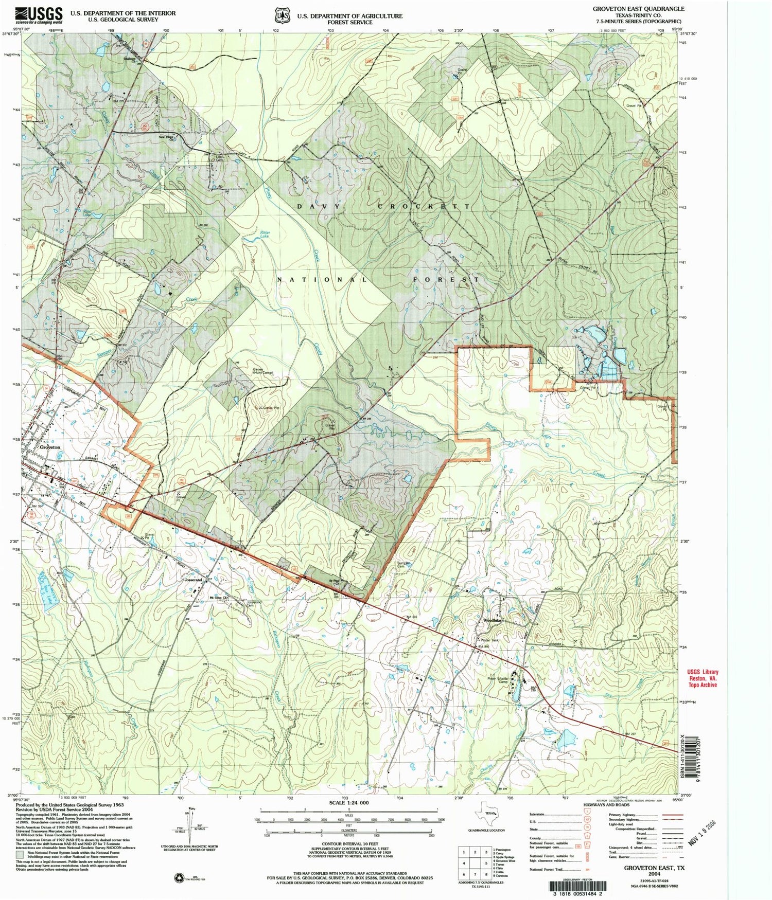 Classic USGS Groveton East Texas 7.5'x7.5' Topo Map Image