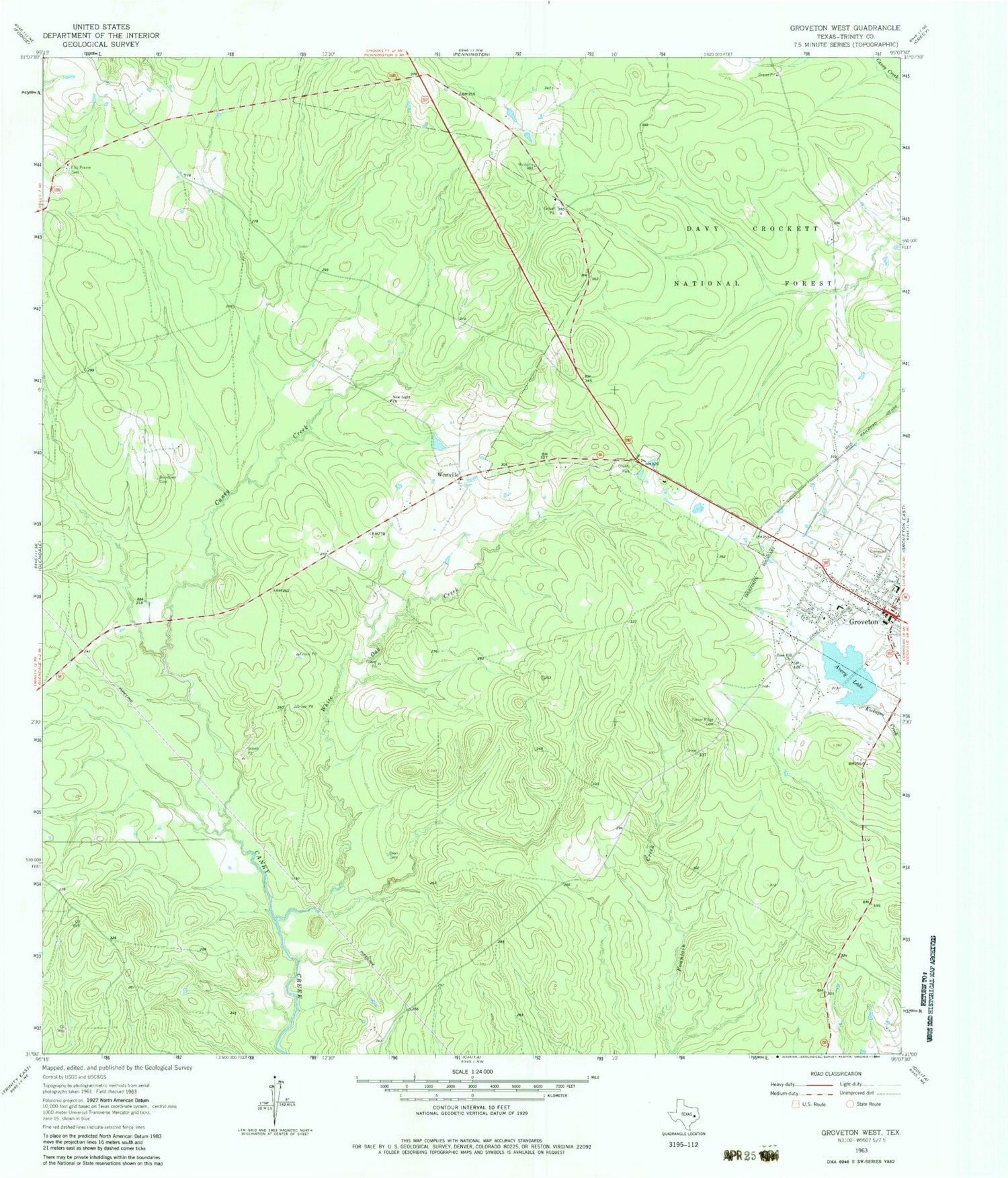 Classic USGS Groveton West Texas 7.5'x7.5' Topo Map Image
