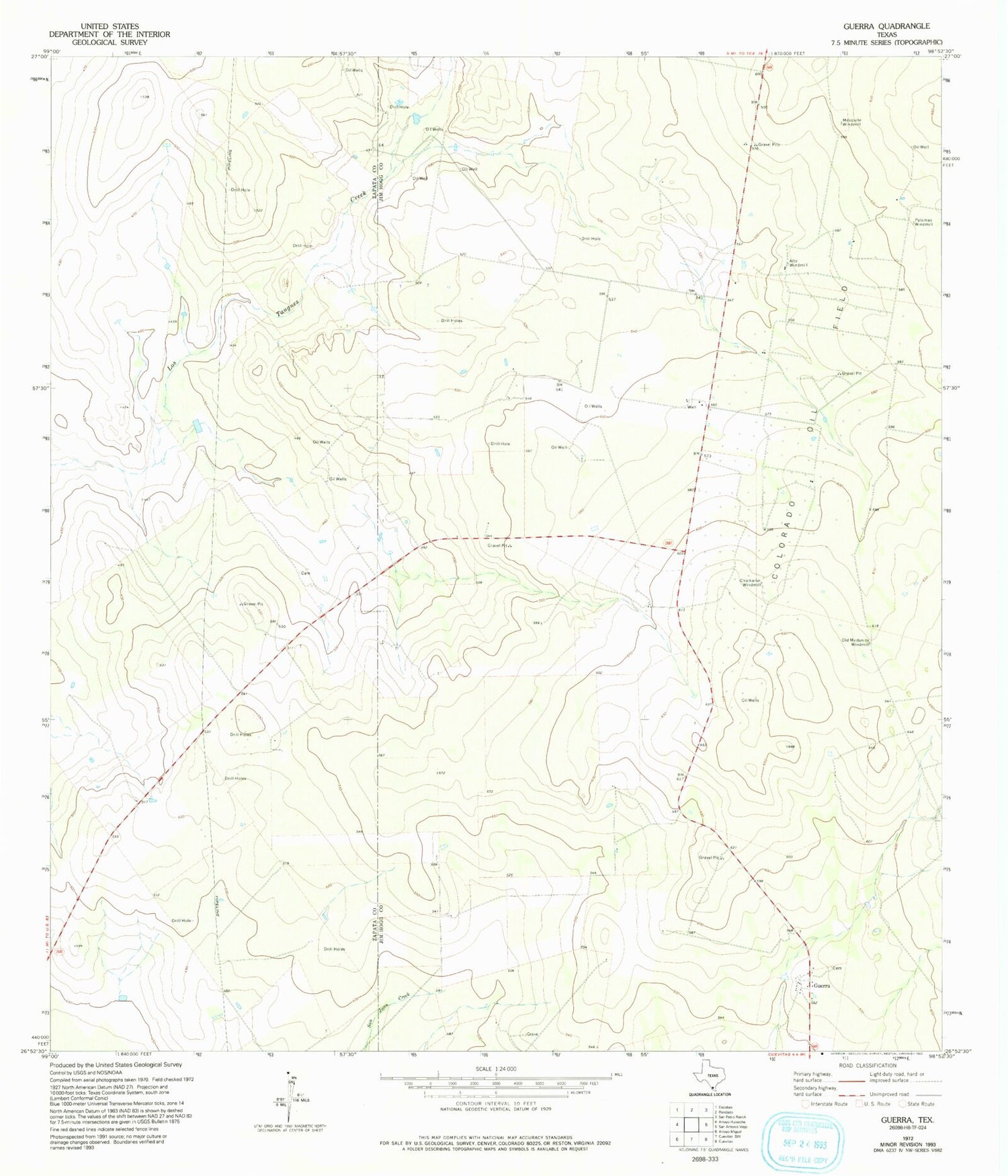 Classic USGS Guerra Texas 7.5'x7.5' Topo Map Image