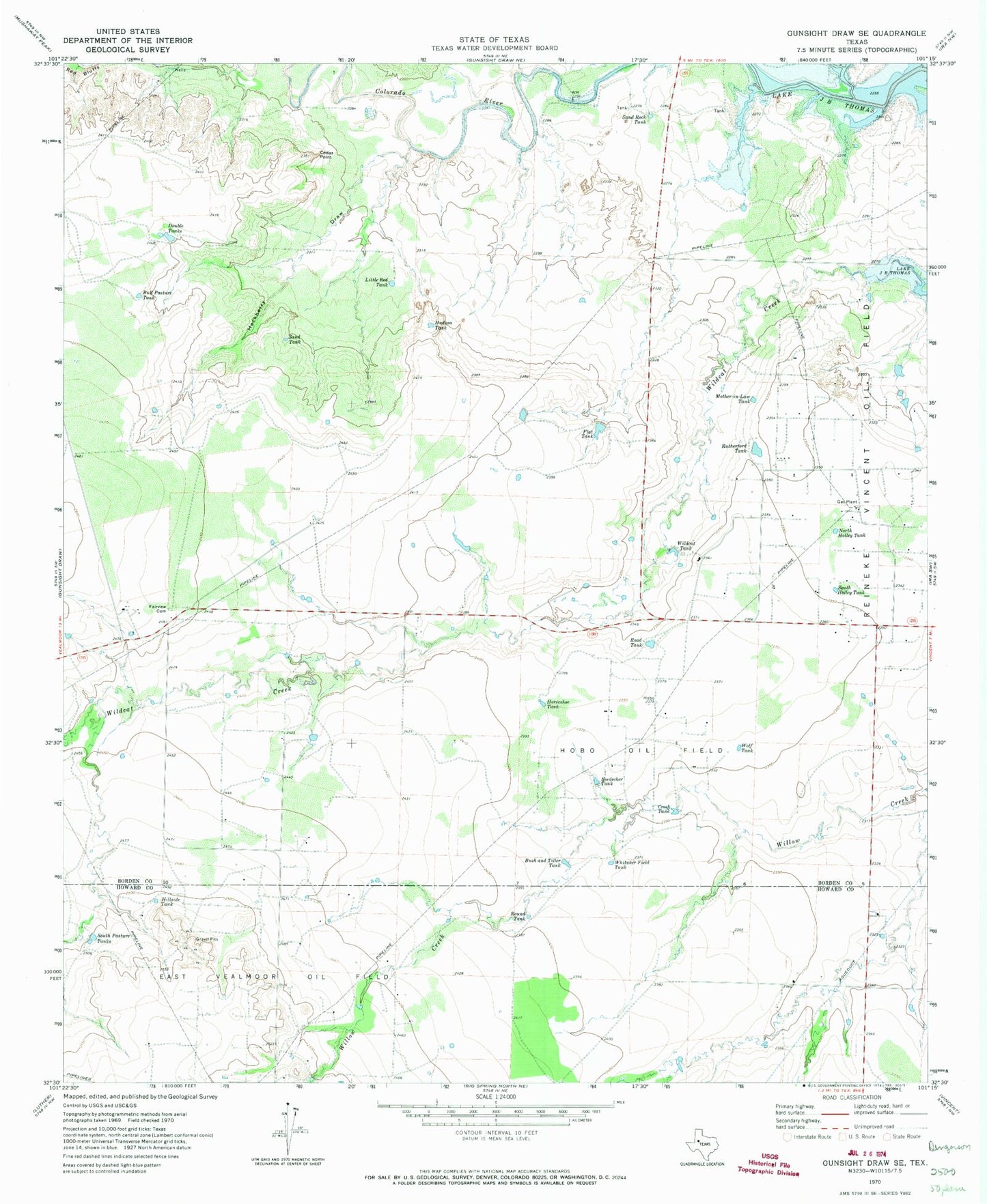 Classic USGS Gunsight Draw SE Texas 7.5'x7.5' Topo Map Image