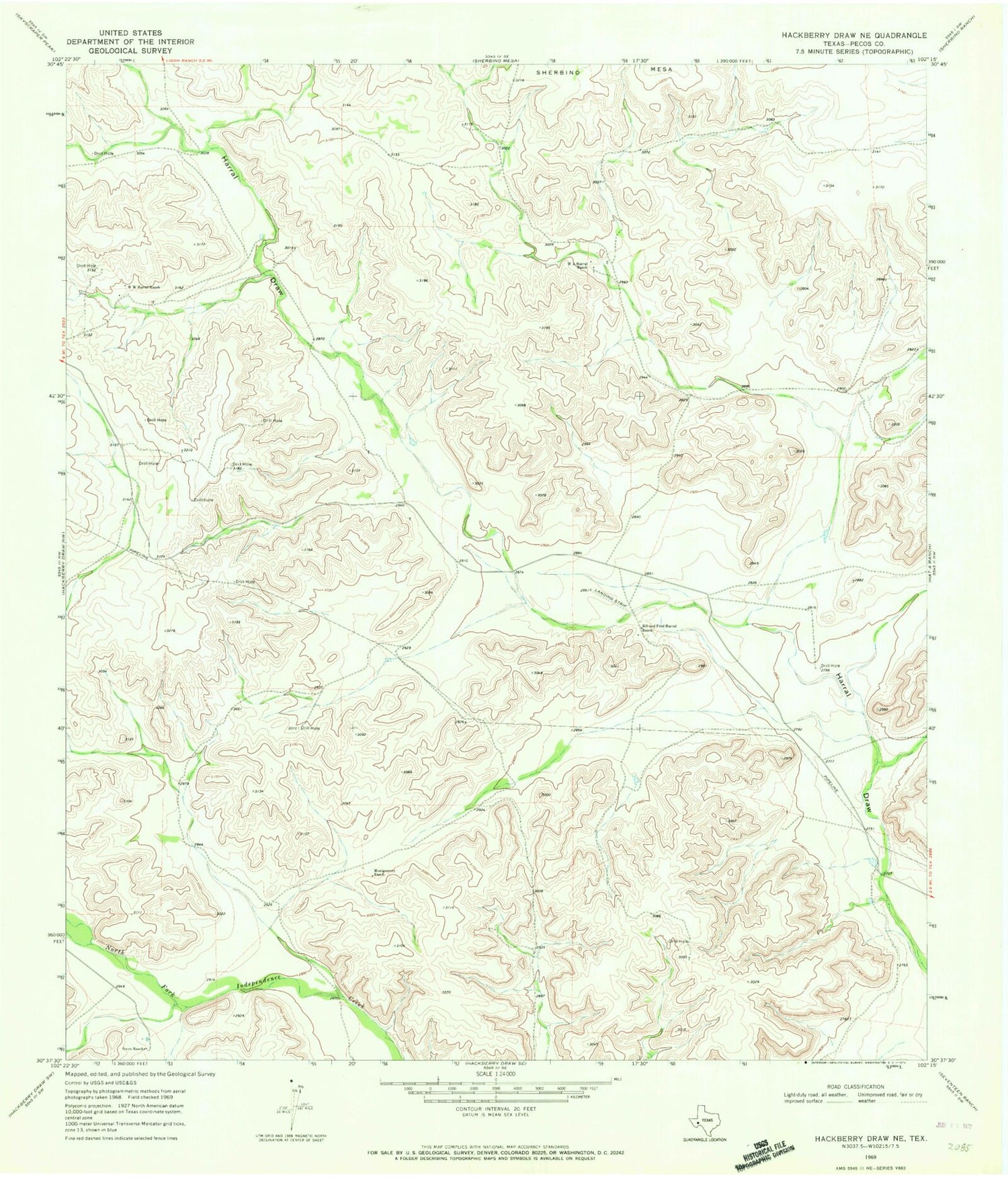 Classic USGS Hackberry Draw NE Texas 7.5'x7.5' Topo Map Image