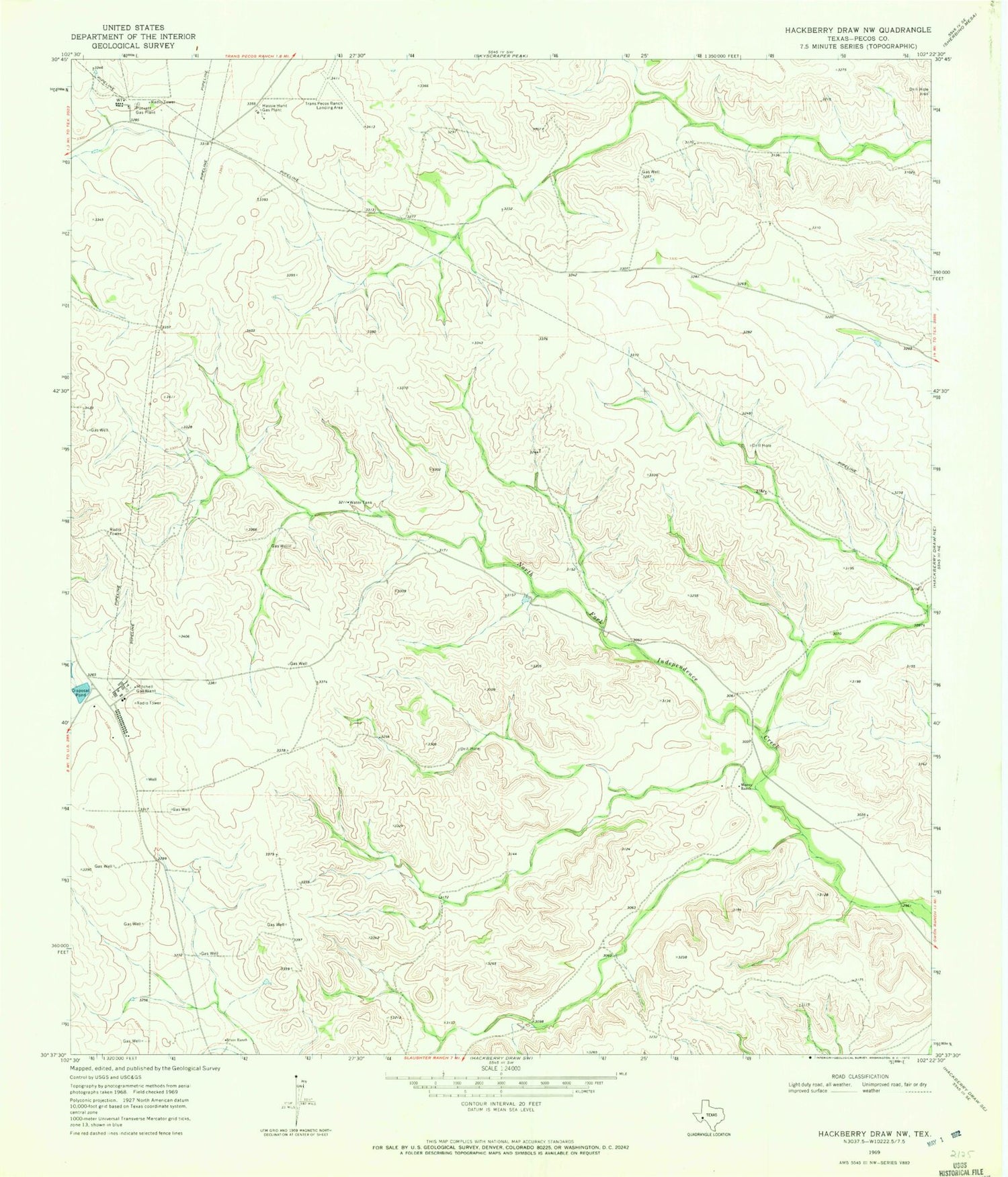Classic USGS Hackberry Draw NW Texas 7.5'x7.5' Topo Map Image