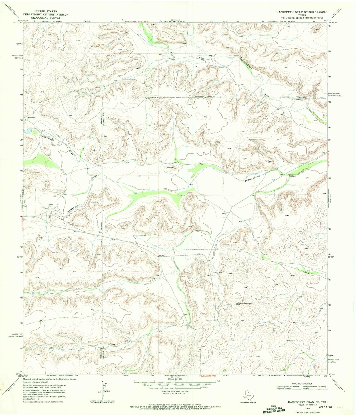 Classic USGS Hackberry Draw SE Texas 7.5'x7.5' Topo Map Image