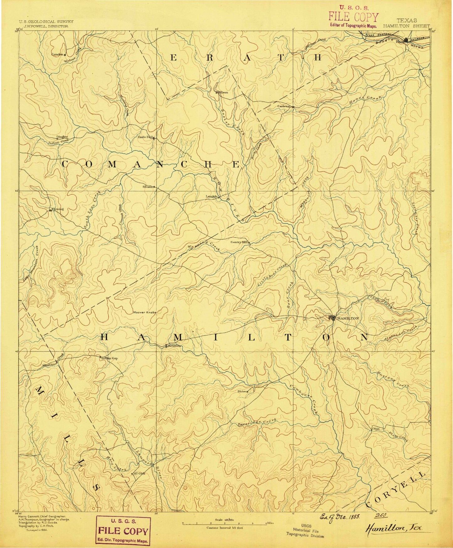 Historic 1888 Hamilton Texas 30'x30' Topo Map Image