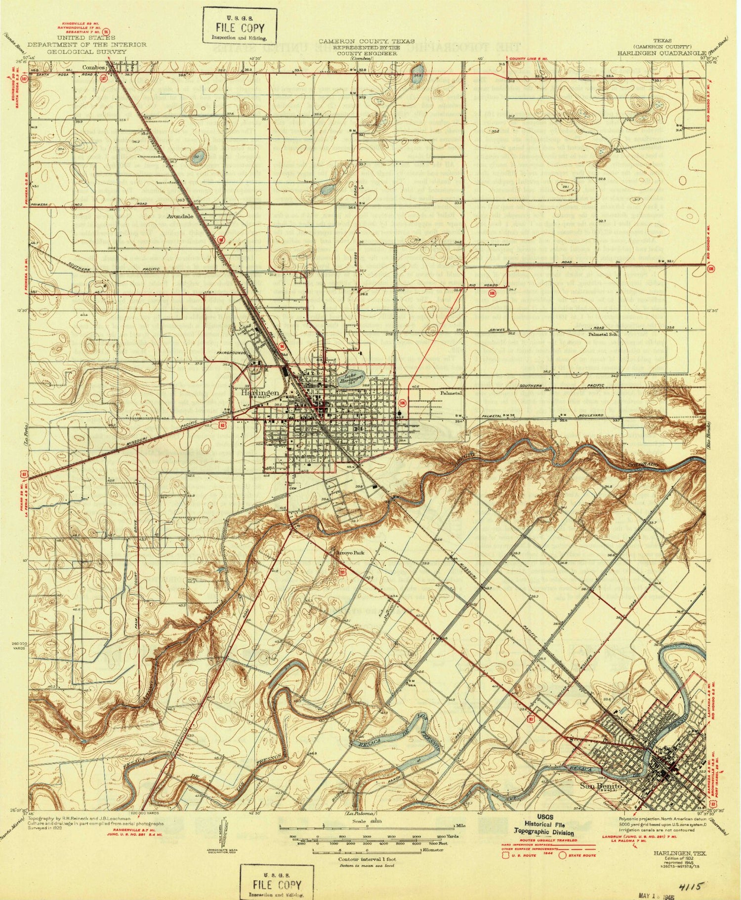 Classic USGS Harlingen Texas 7.5'x7.5' Topo Map Image