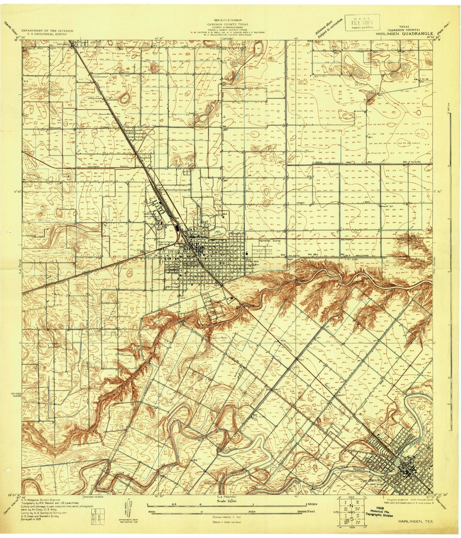 Classic USGS Harlingen Texas 7.5'x7.5' Topo Map Image