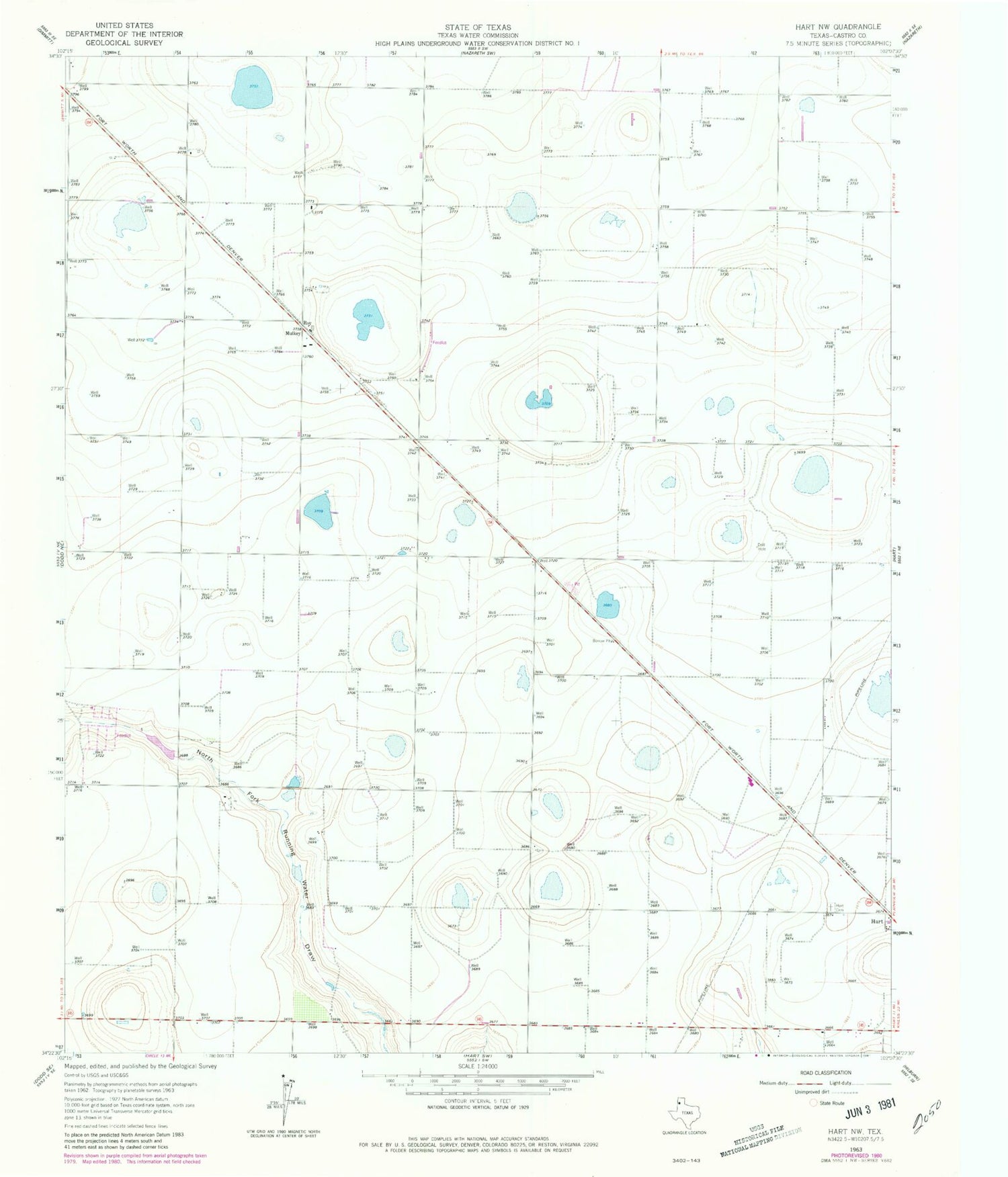 Classic USGS Hart NW Texas 7.5'x7.5' Topo Map Image