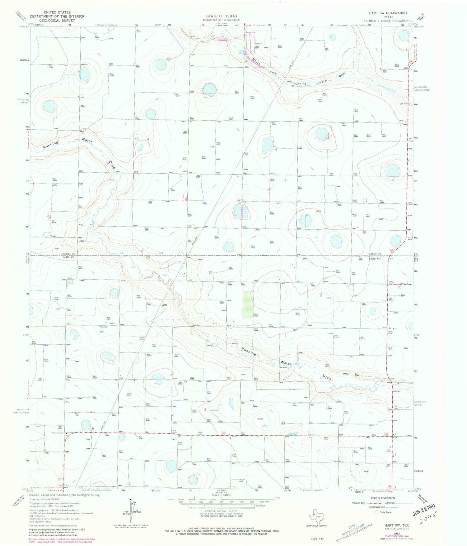 Classic USGS Hart SW Texas 7.5'x7.5' Topo Map Image
