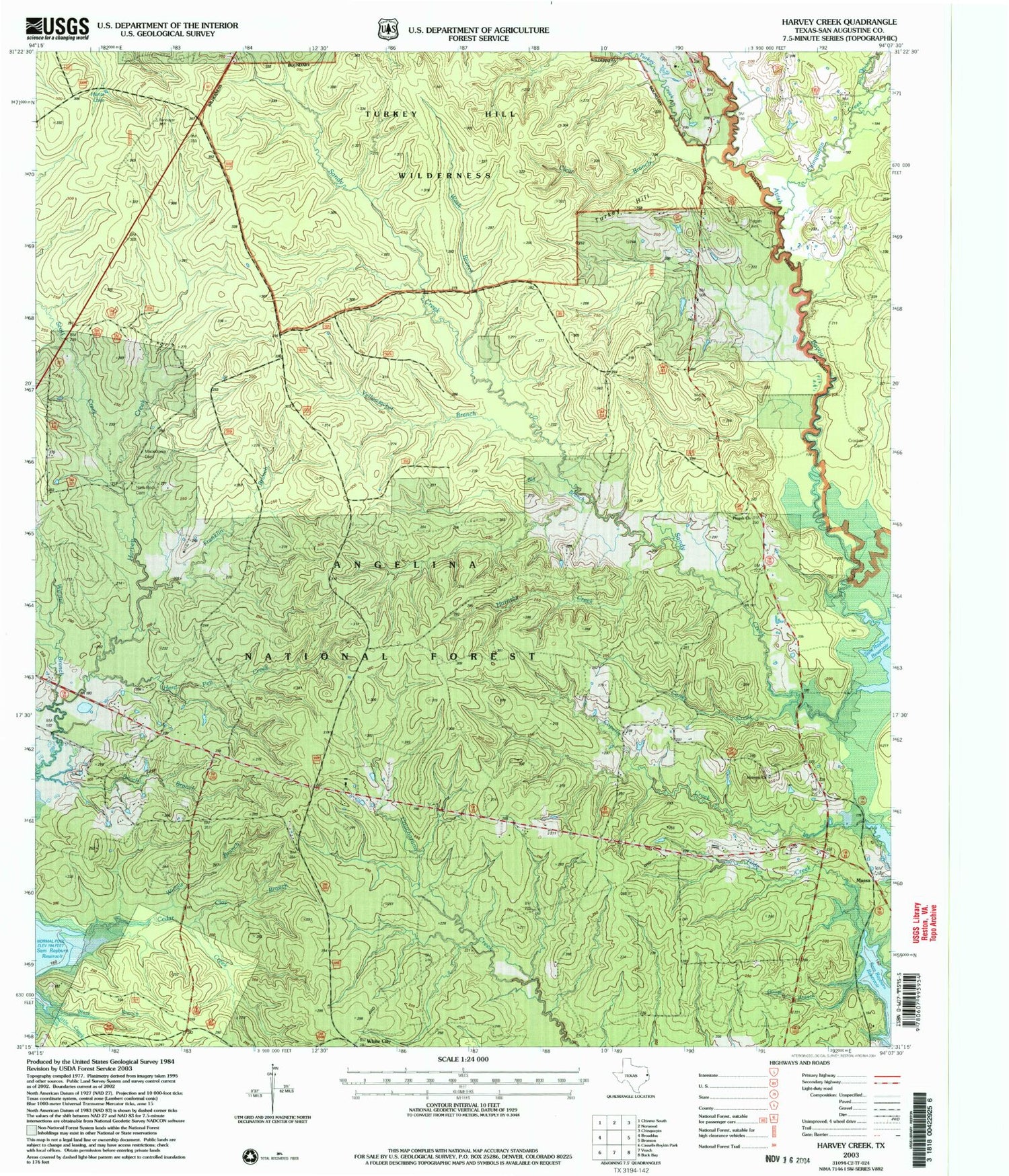 Classic USGS Harvey Creek Texas 7.5'x7.5' Topo Map Image