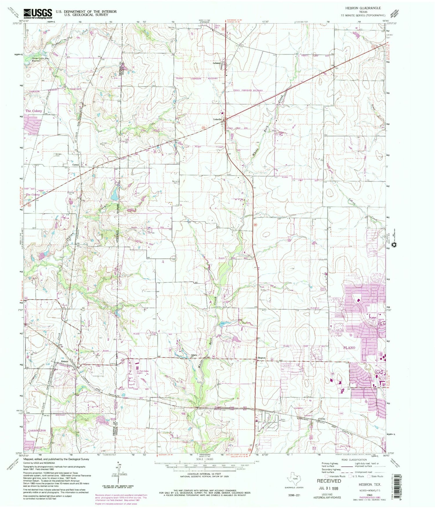 Classic USGS Hebron Texas 7.5'x7.5' Topo Map Image