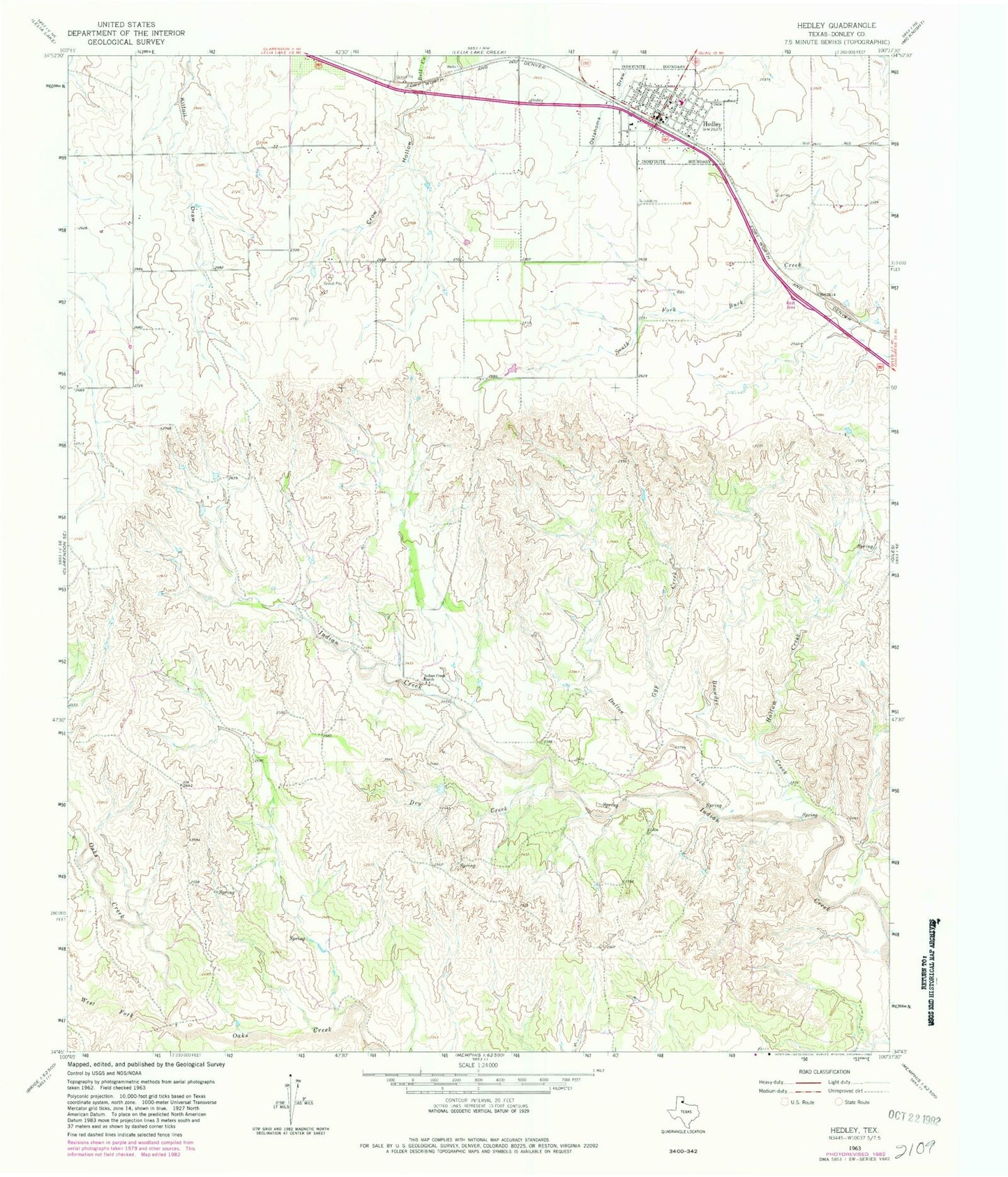 Classic USGS Hedley Texas 7.5'x7.5' Topo Map Image