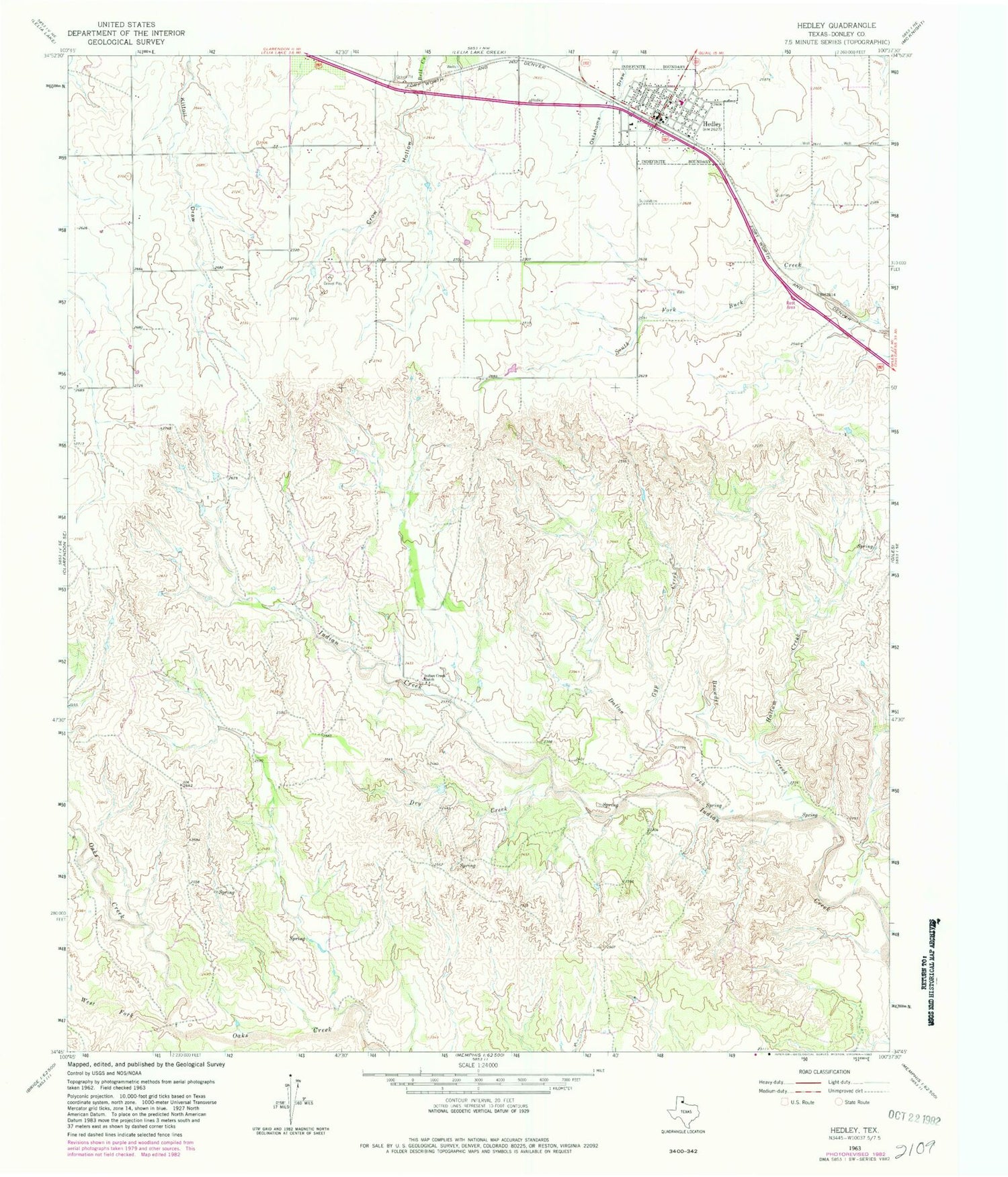 Classic USGS Hedley Texas 7.5'x7.5' Topo Map Image