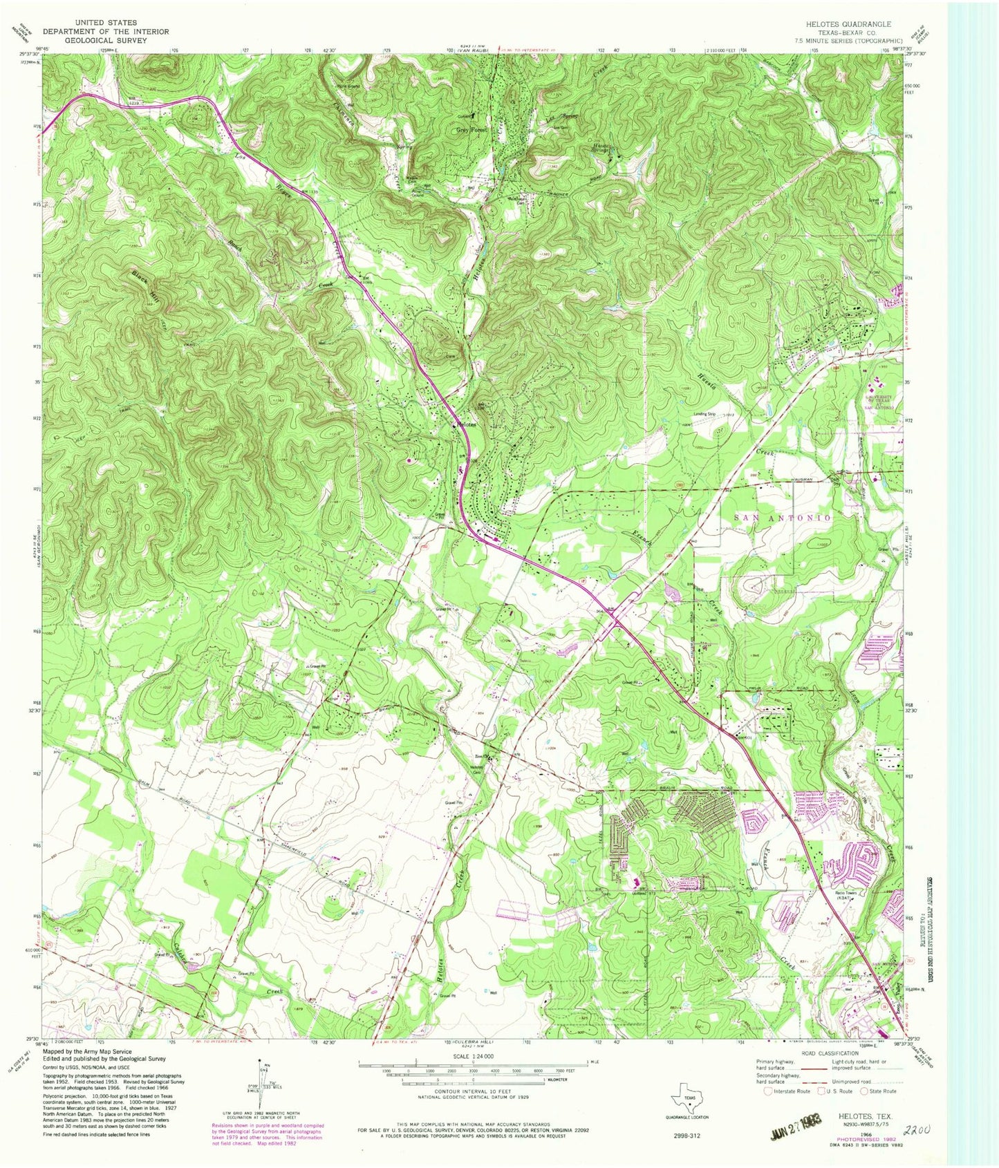 Classic USGS Helotes Texas 7.5'x7.5' Topo Map Image
