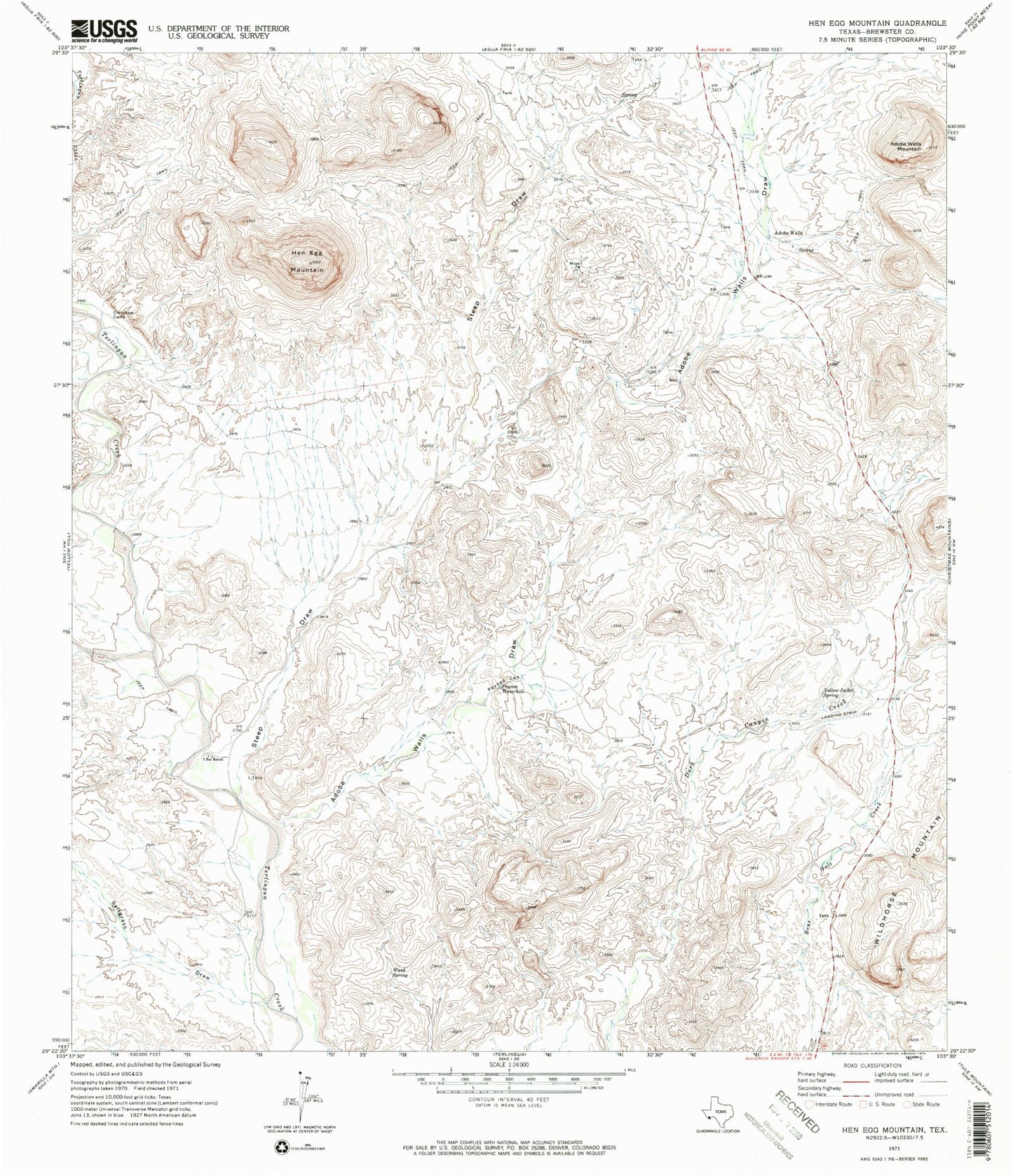 Classic USGS Hen Egg Mountain Texas 7.5'x7.5' Topo Map Image