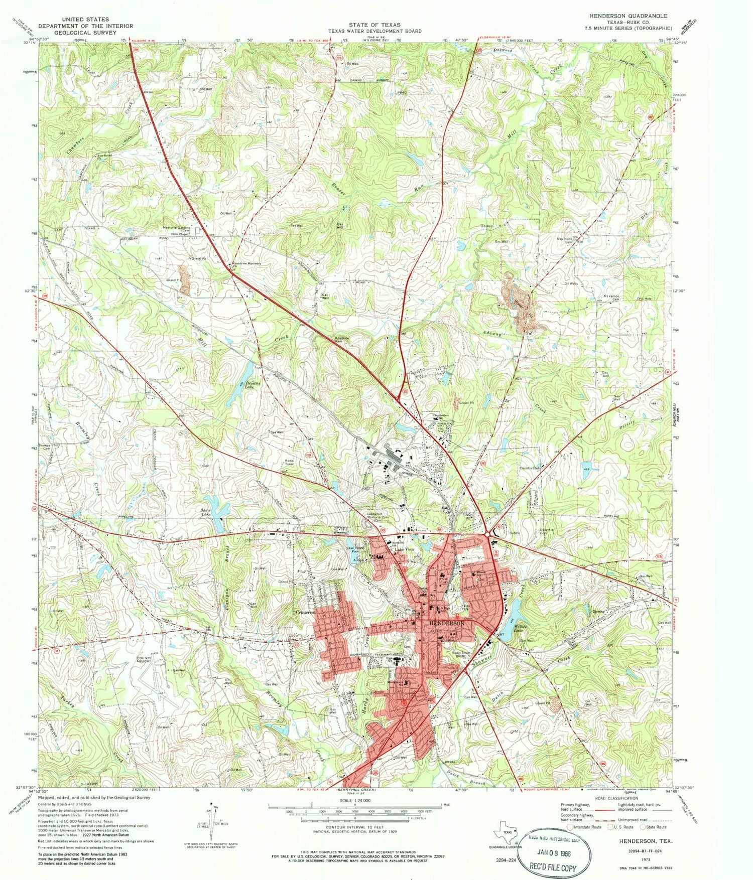 Classic USGS Henderson Texas 7.5'x7.5' Topo Map Image