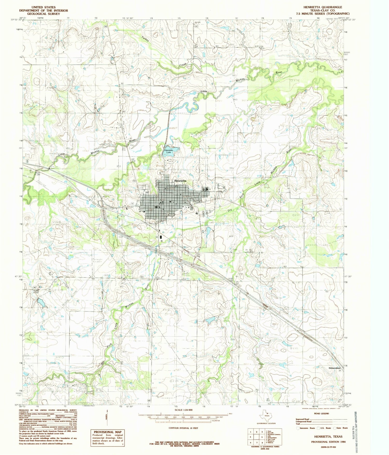 Classic USGS Henrietta Texas 7.5'x7.5' Topo Map Image