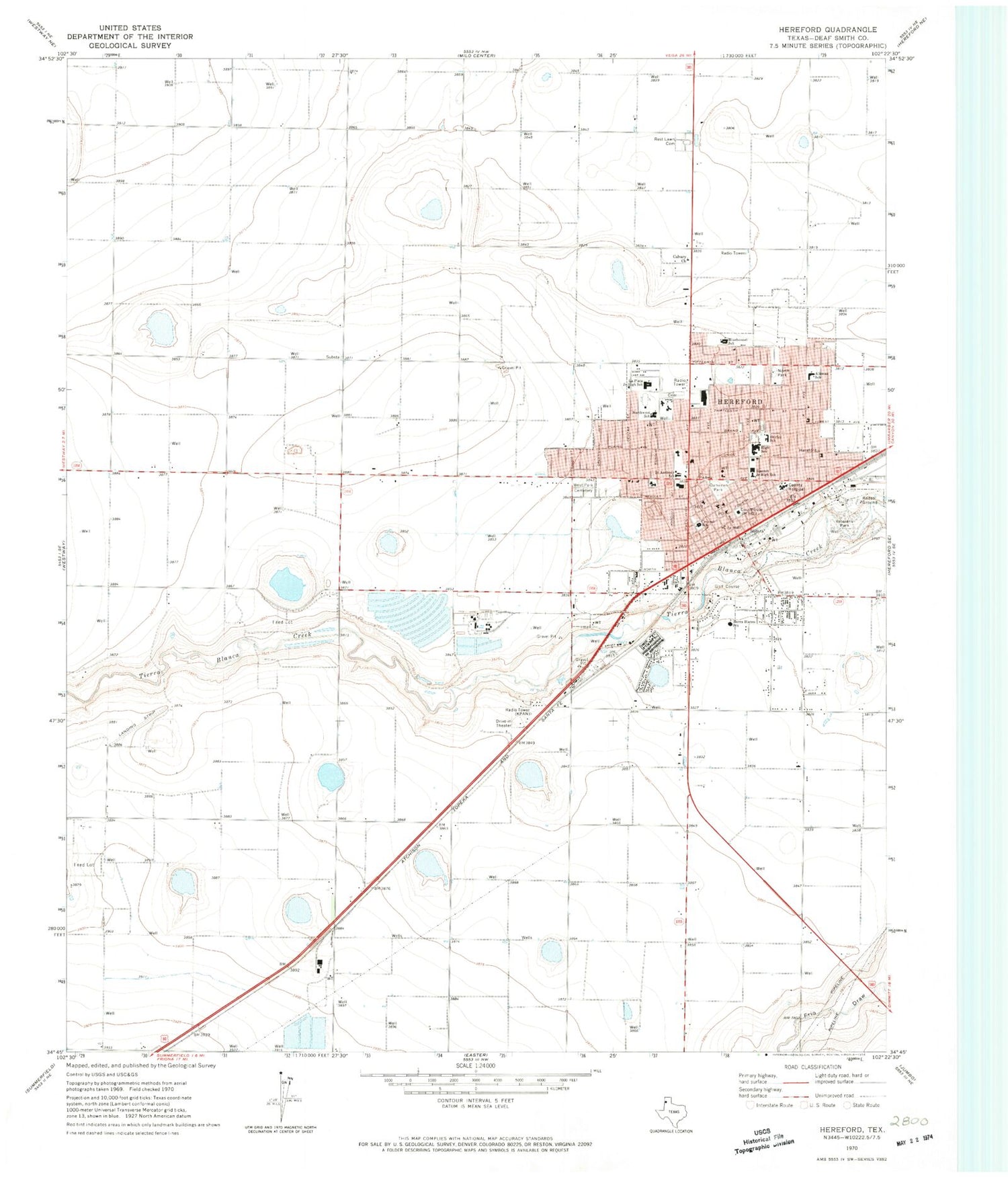 Classic USGS Hereford Texas 7.5'x7.5' Topo Map Image